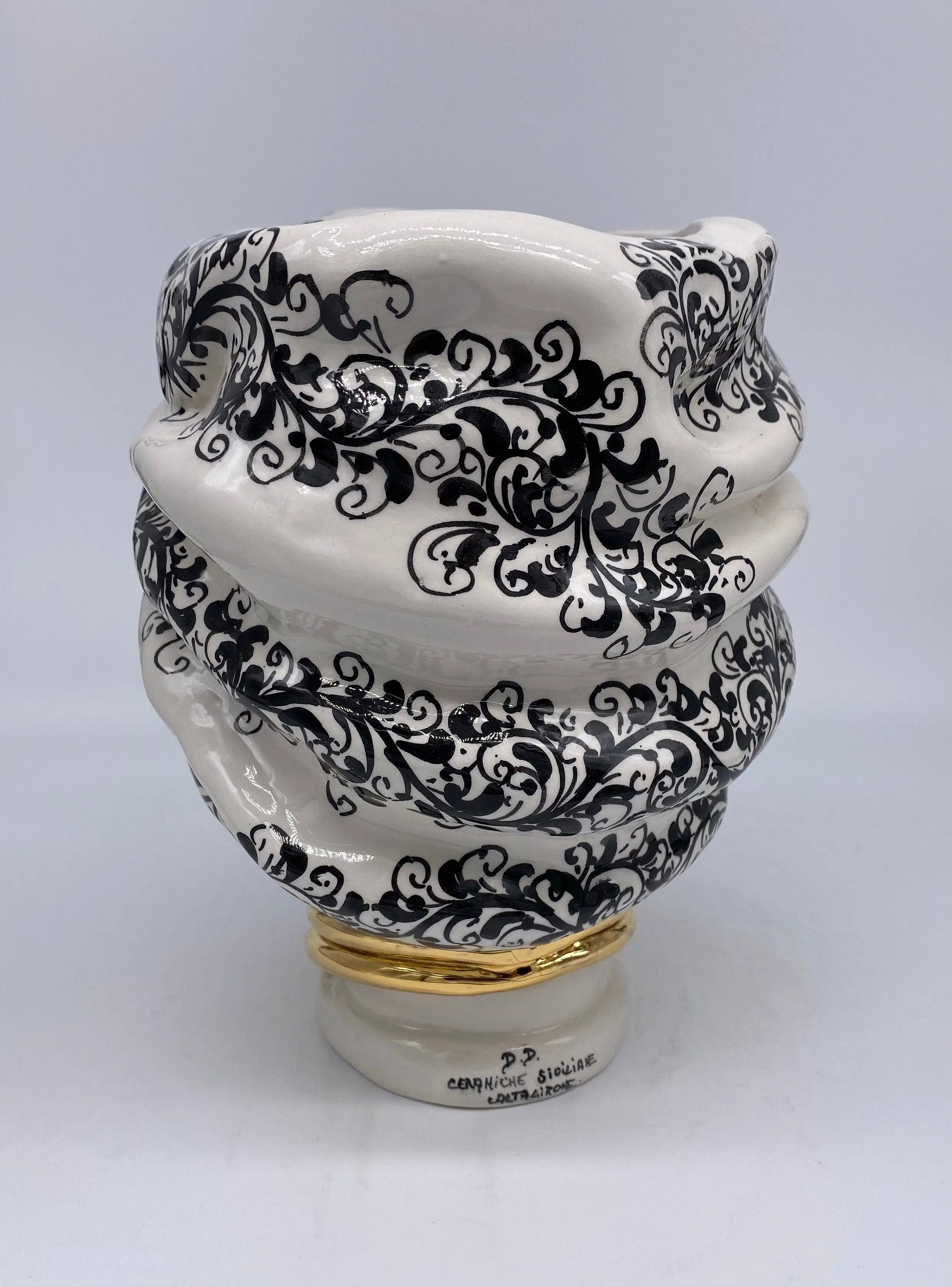 Teste di Moro Atena Ceramica Caltagirone cm H.24 L.18 Artigianale Opaco Bianco Barocco Oro DD CERAMICHE SICILIANE