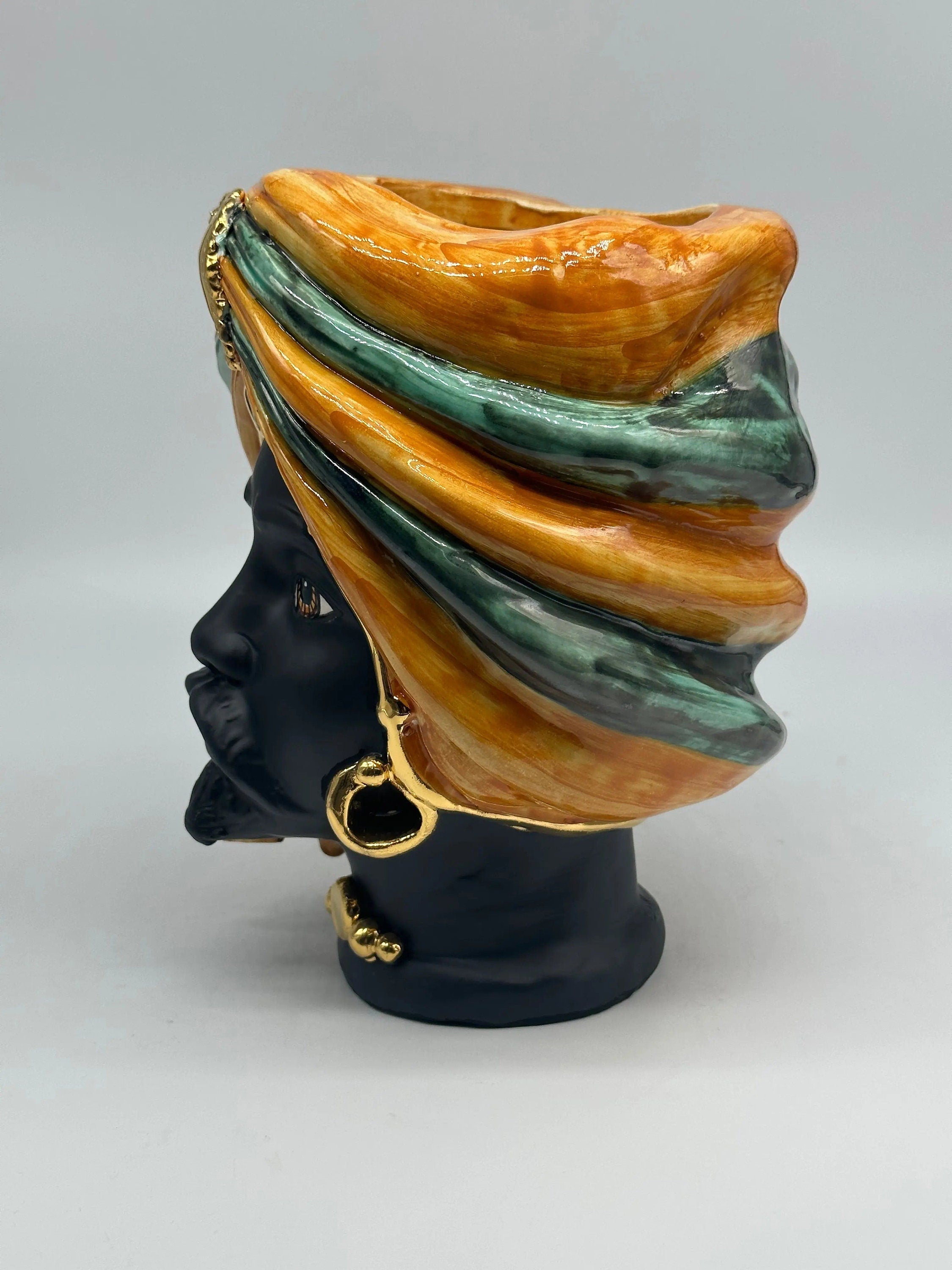 Teste di Moro Atena Ceramica Caltagirone cm H.24 L.18 Artigianale Ocra Verde Nero Oro DD CERAMICHE SICILIANE