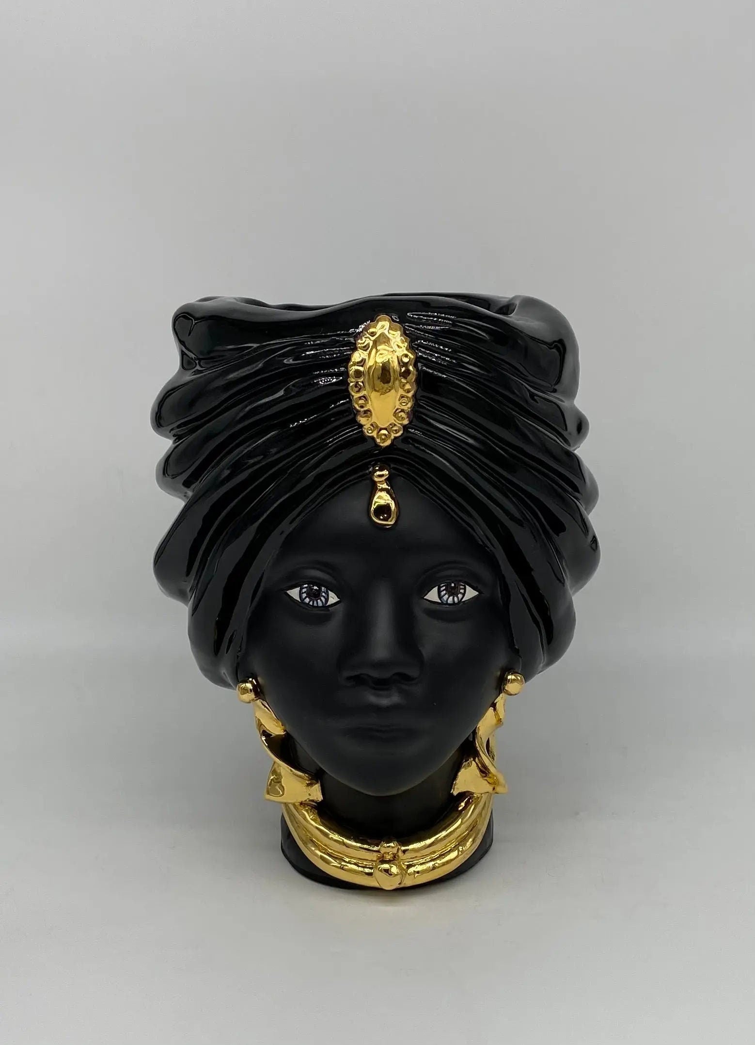 Teste di Moro Atena Ceramica Caltagirone cm H.24 L.18 Artigianale Nero Oro DD CERAMICHE SICILIANE