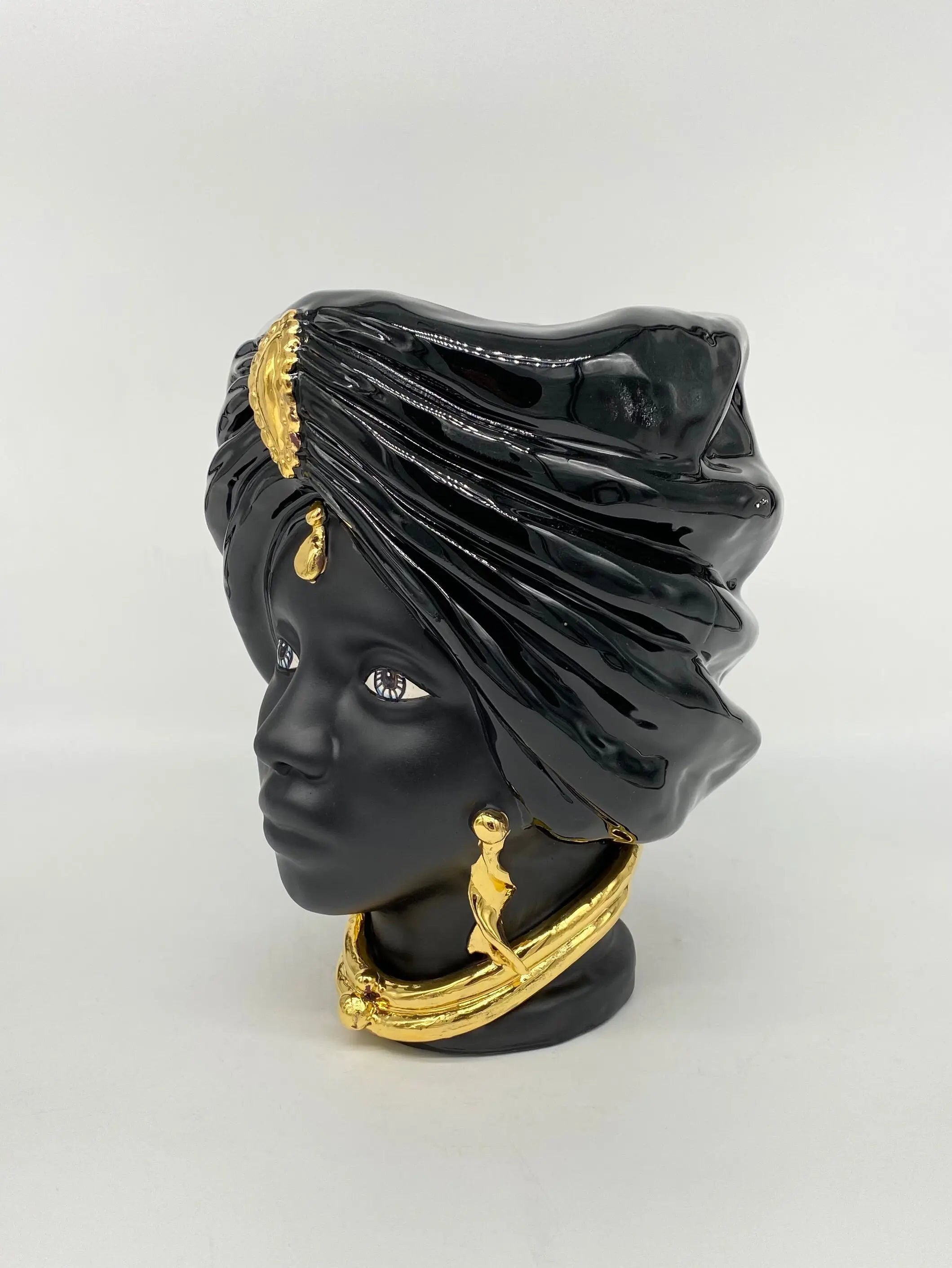 Teste di Moro Atena Ceramica Caltagirone cm H.24 L.18 Artigianale Nero Oro DD CERAMICHE SICILIANE