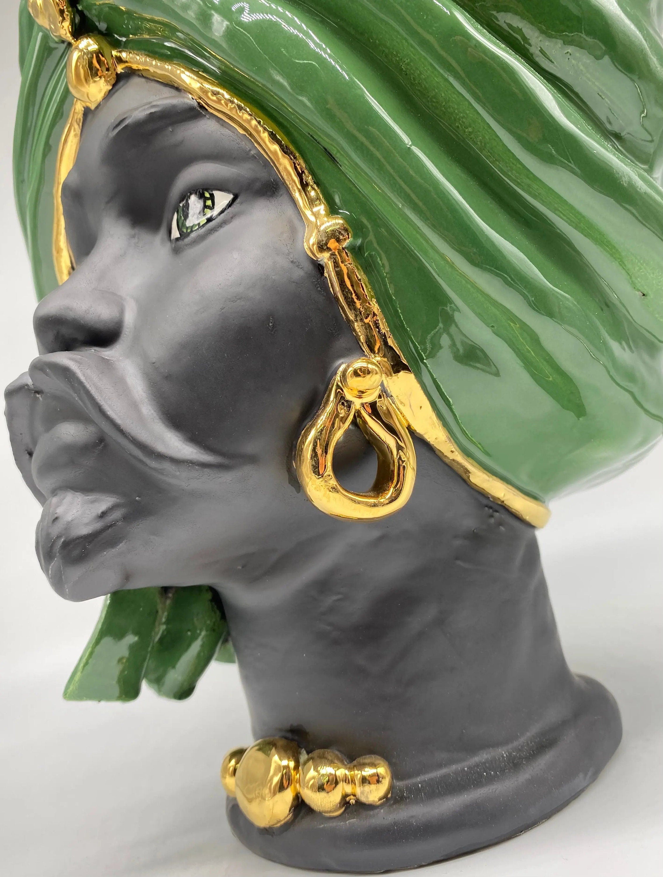 Teste di Moro Atena Ceramica Caltagirone cm H.30 L.23 Artigianale Verde Nero Oro DD CERAMICHE SICILIANE