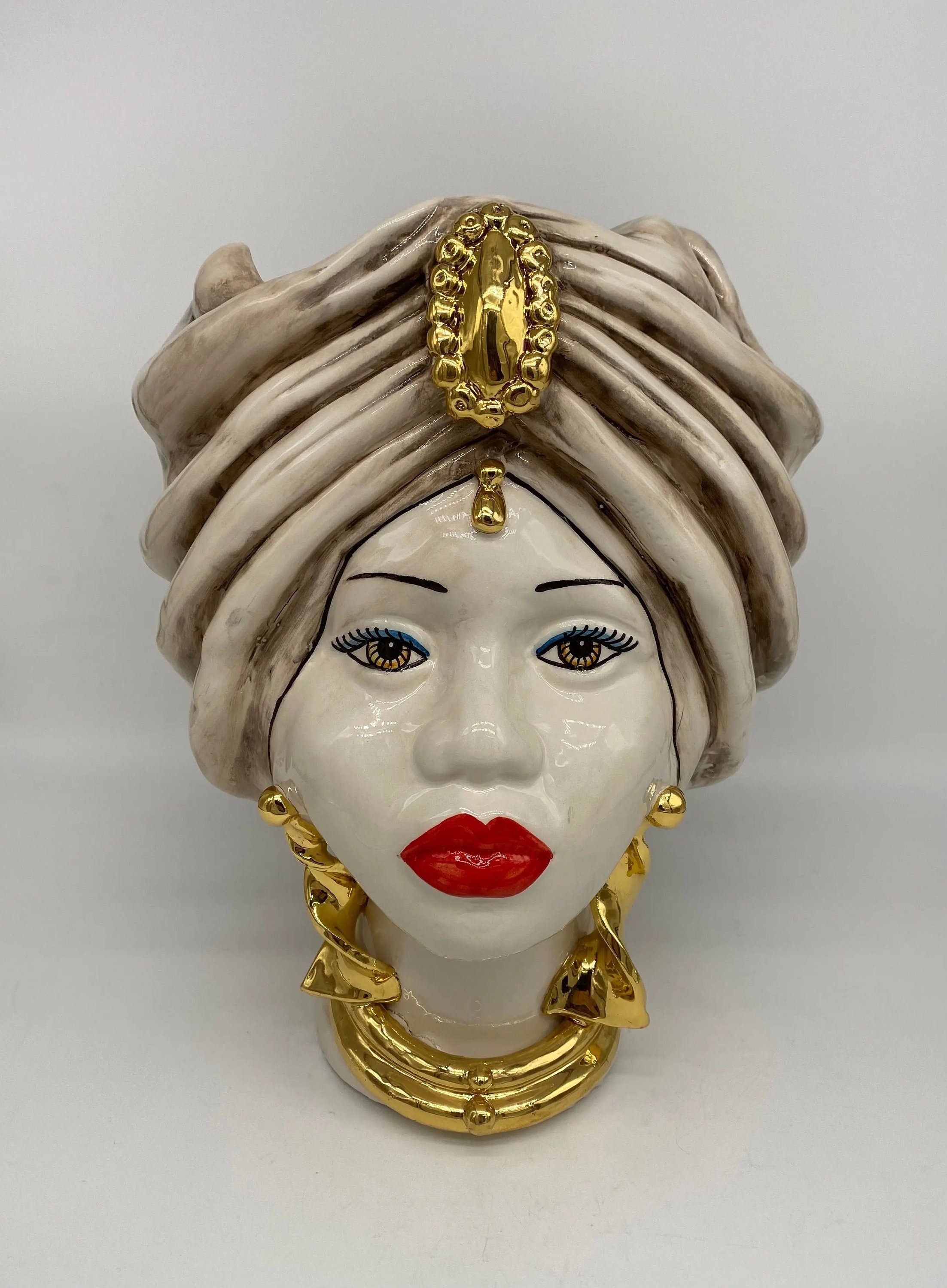 Teste di Moro Atena Ceramica Caltagirone cm H.30 L.23 Artigianale Écru Beige Oro DD CERAMICHE SICILIANE