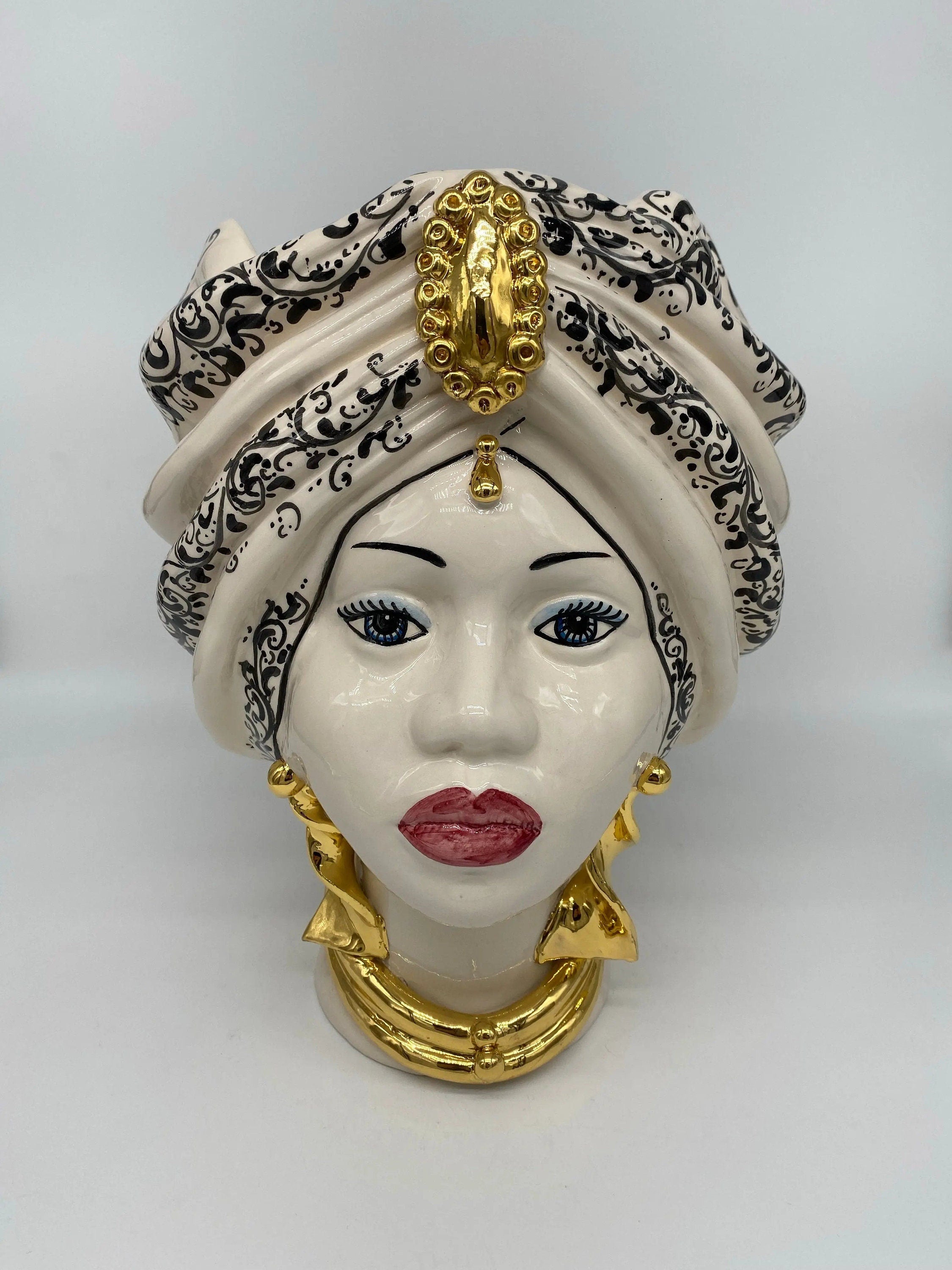 Teste di Moro Atena Ceramica Caltagirone cm H.30 L.23 Artigianale Bianco Decoro Barocco Oro DD CERAMICHE SICILIANE