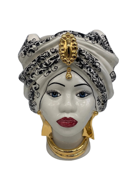 Teste di Moro Atena Ceramica Caltagirone cm H.30 L.23 Artigianale Opaco Bianco Barocco Oro - DD CERAMICHE SICILIANE