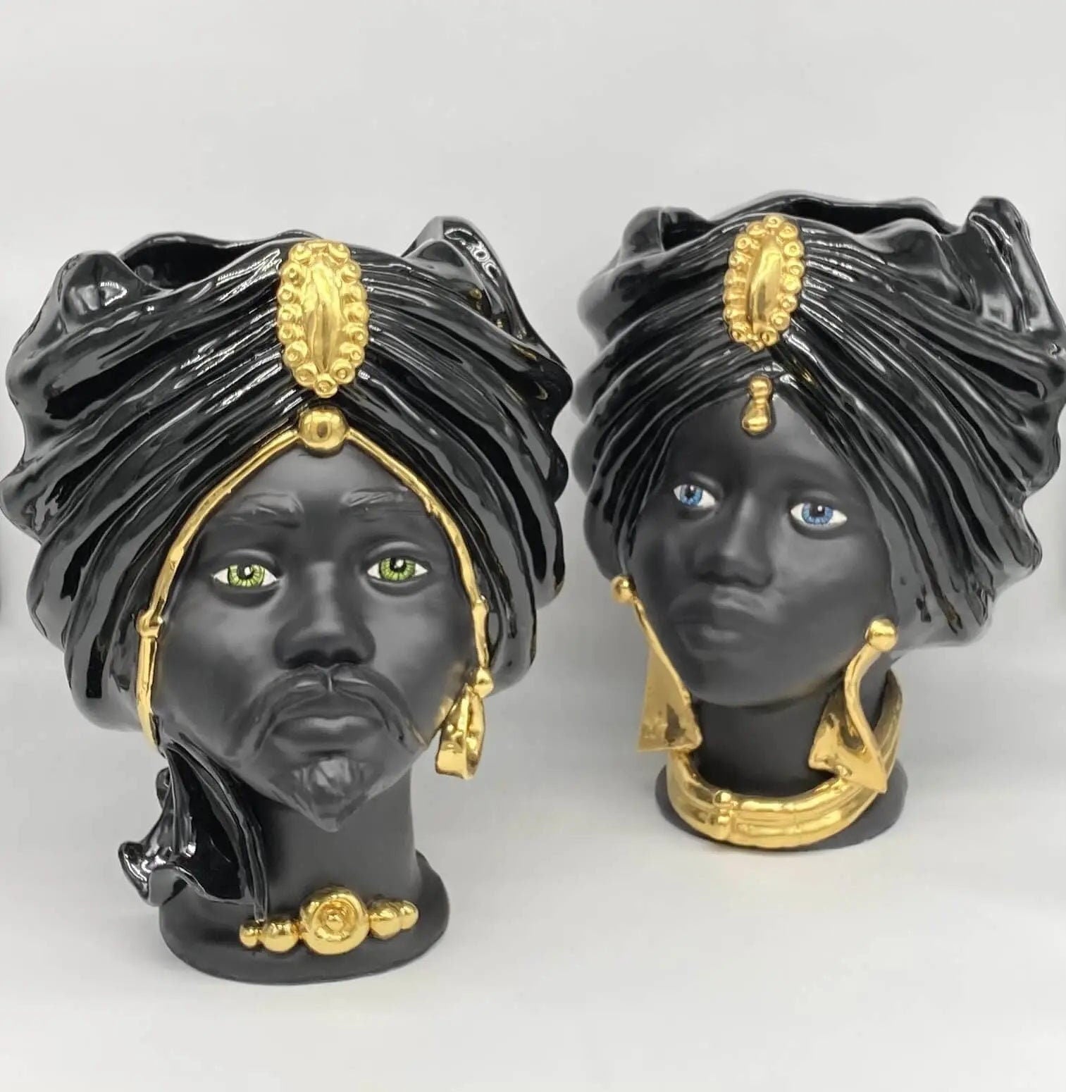 Teste di Moro Atena Ceramica Caltagirone cm H.30 L.23 Artigianale Nero Oro DD CERAMICHE SICILIANE