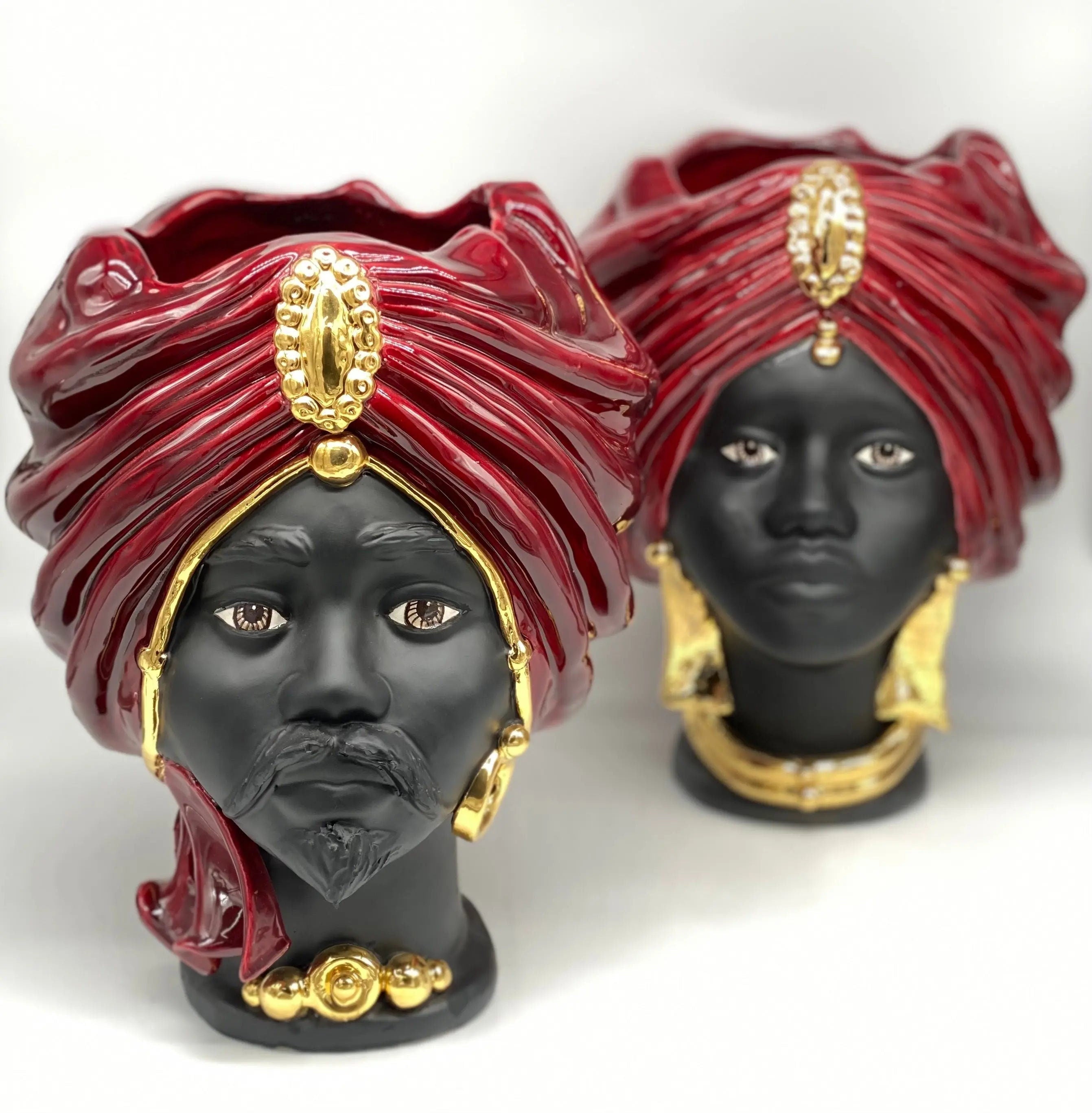 Teste di Moro Atena Ceramica Caltagirone cm H.30 L.23 Artigianale Bordeaux Nero Oro DD CERAMICHE SICILIANE