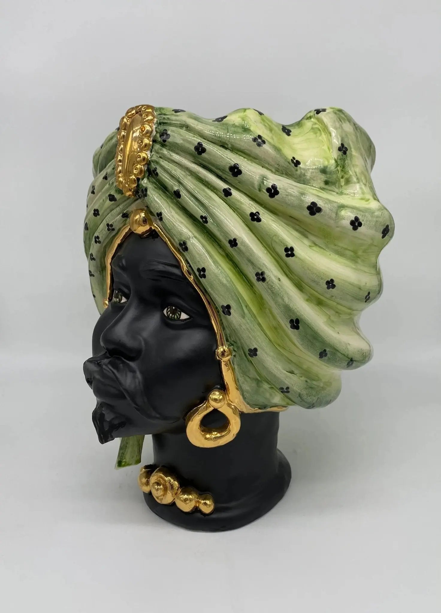 Teste di Moro Atena Ceramica Caltagirone cm H.30 L.23 Artigianale Verde Pois Nero Oro - DD CERAMICHE SICILIANE