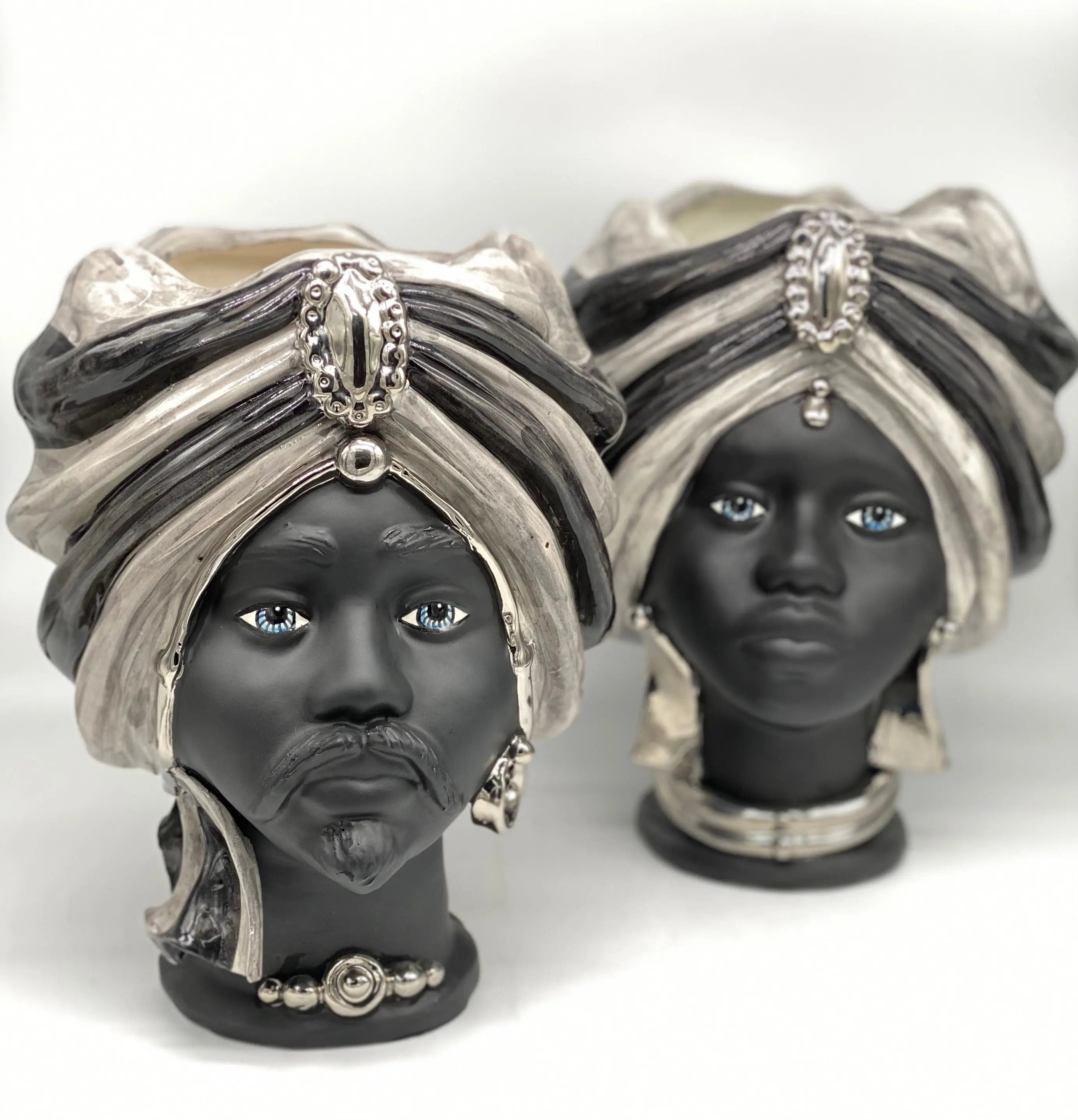 Teste di Moro Atena Ceramica Caltagirone cm H.30 L.23 Artigianale Grigio Nero Platino DD CERAMICHE SICILIANE