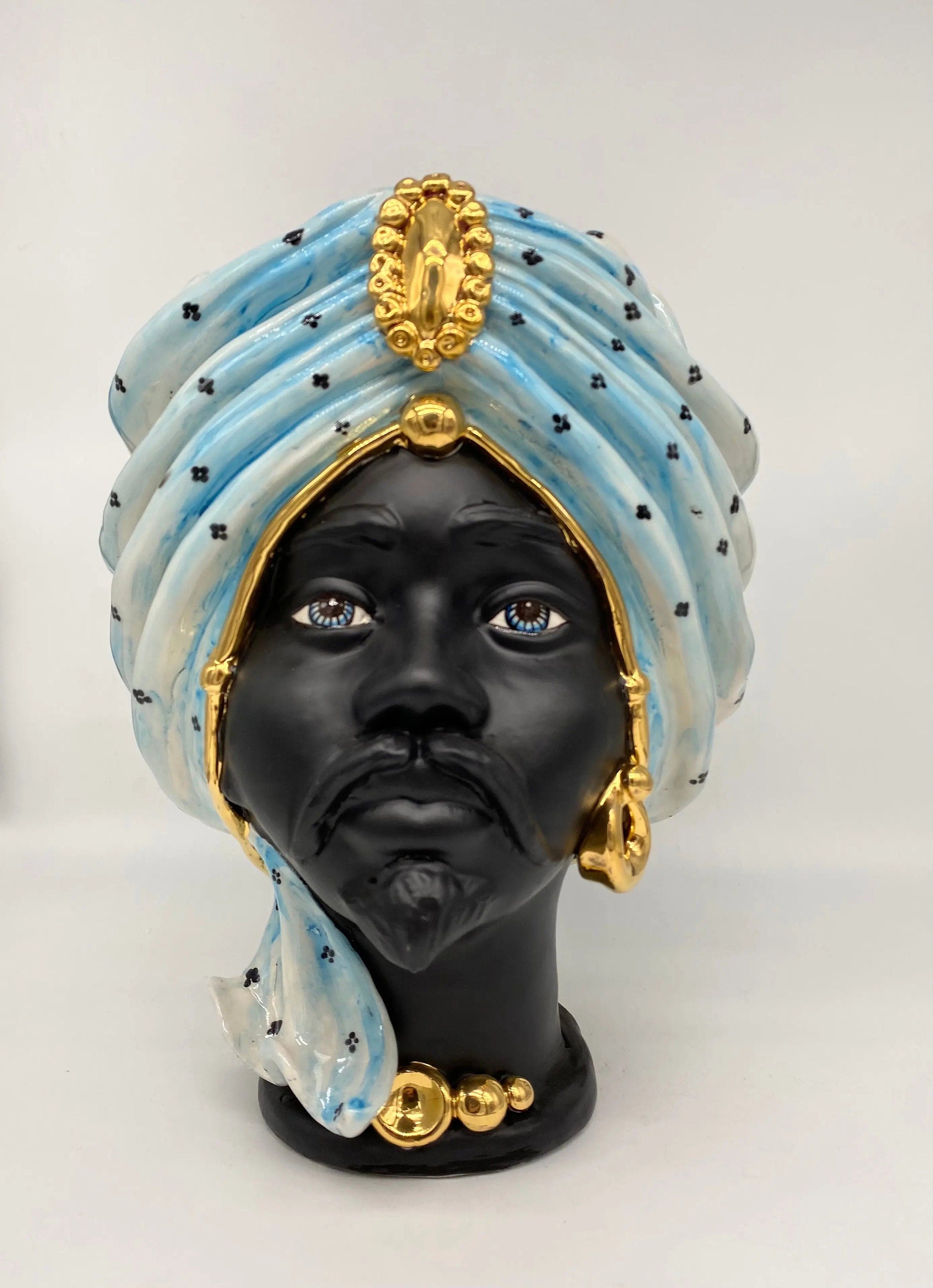 Teste di Moro Atena Ceramica Caltagirone cm H.30 L.23 Artigianale Celeste Pois Nero Oro DD CERAMICHE SICILIANE