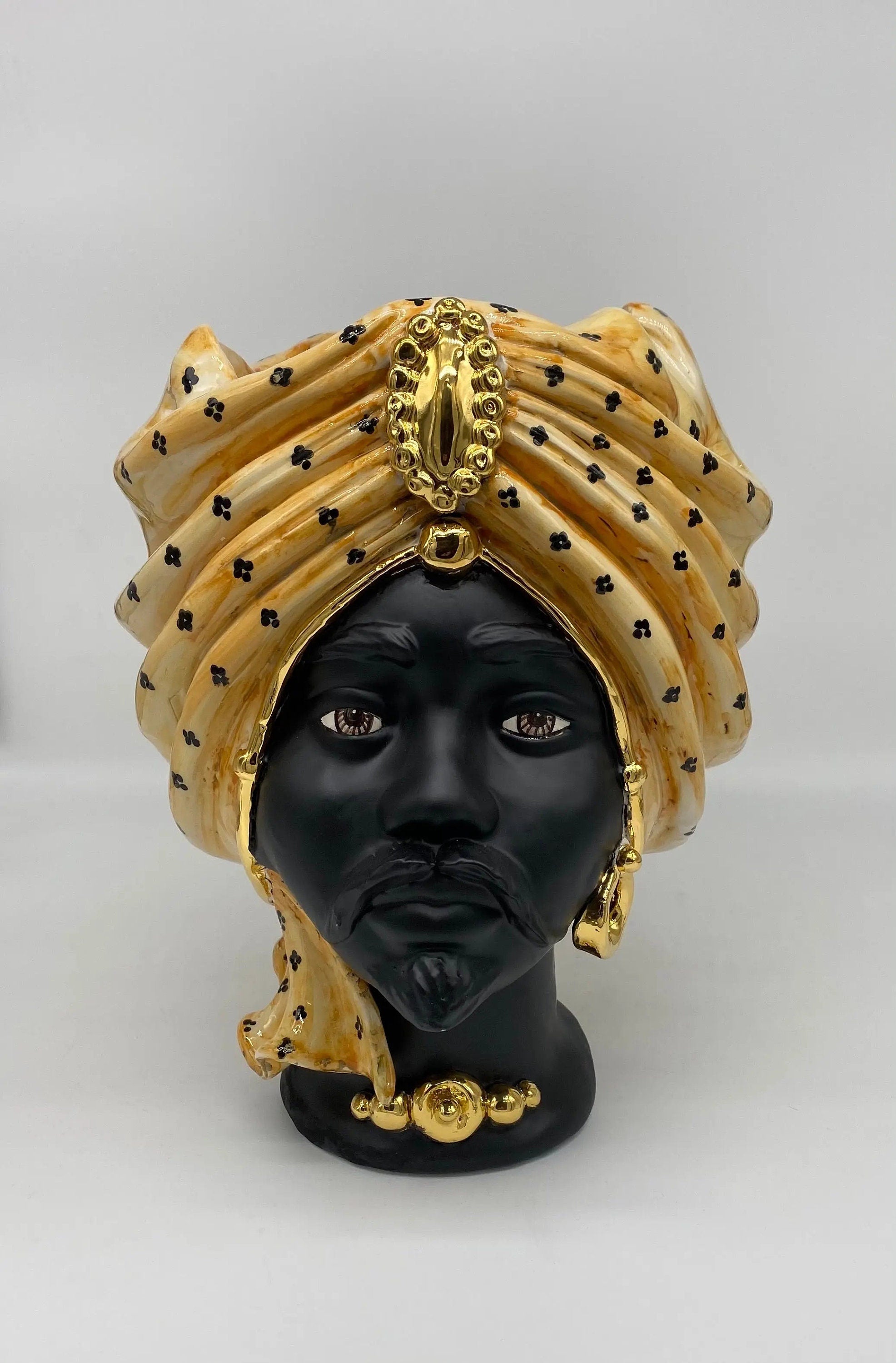 Teste di Moro Atena Ceramica Caltagirone cm H.30 L.23 Artigianale Arancio Pois Nero Oro DD CERAMICHE SICILIANE