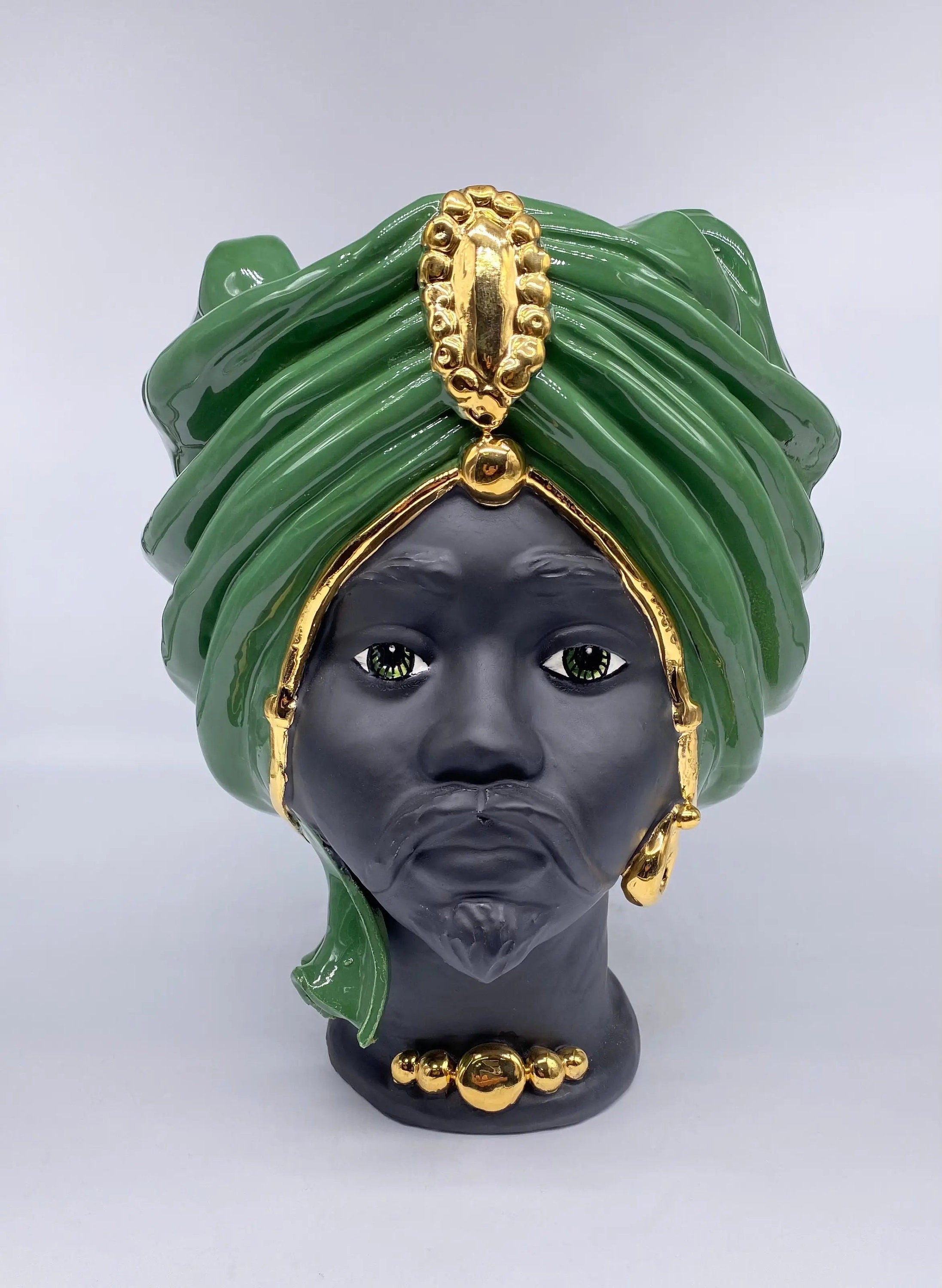 Teste di Moro Atena Ceramica Caltagirone cm H.30 L.23 Artigianale Verde Nero Oro DD CERAMICHE SICILIANE