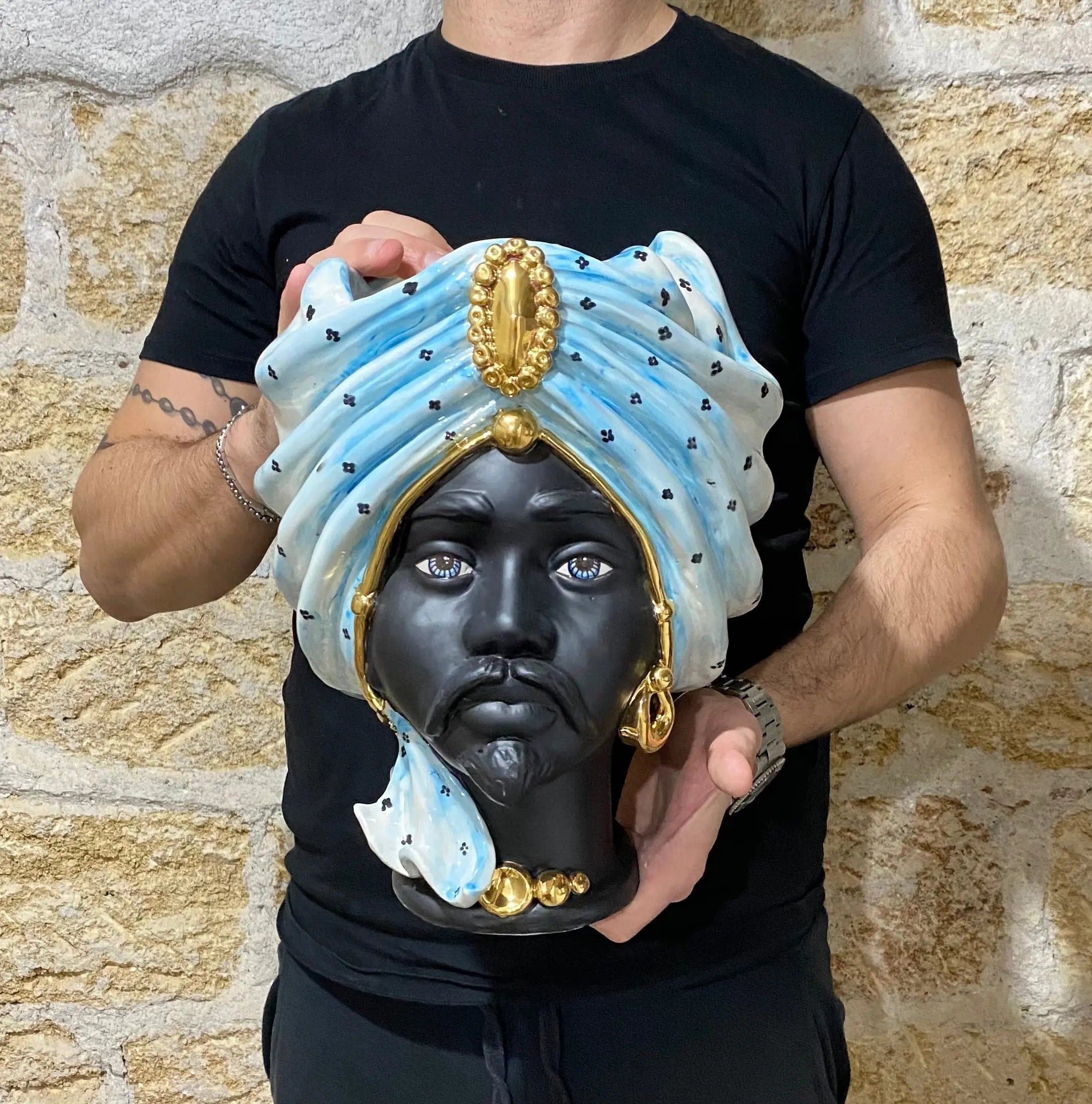 Teste di Moro Atena Ceramica Caltagirone cm H.30 L.23 Artigianale Celeste Pois Nero Oro DD CERAMICHE SICILIANE