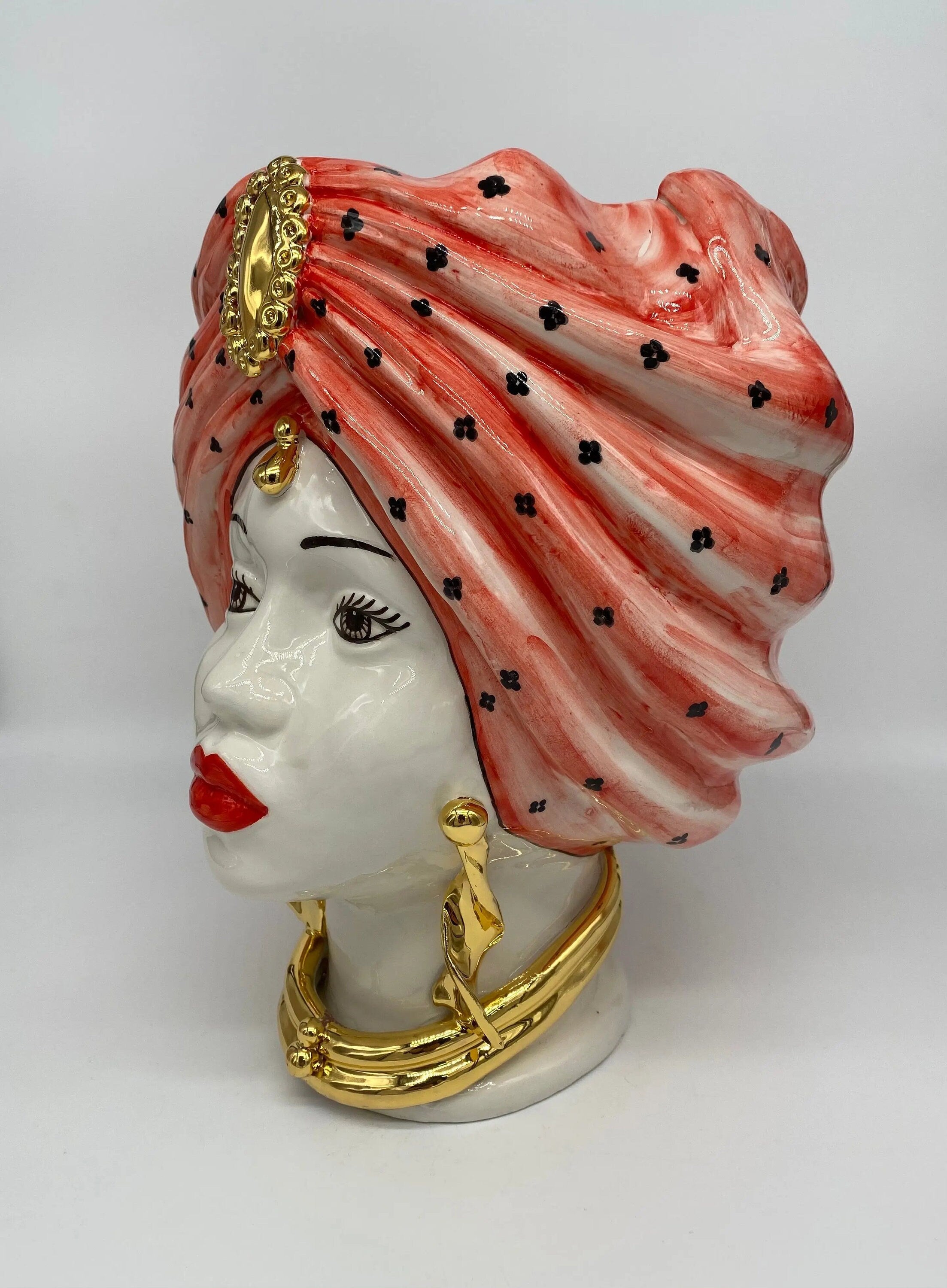 Teste di Moro Atena Ceramica Caltagirone cm H.30 L.23 Artigianale Rosso Pois Oro DD CERAMICHE SICILIANE