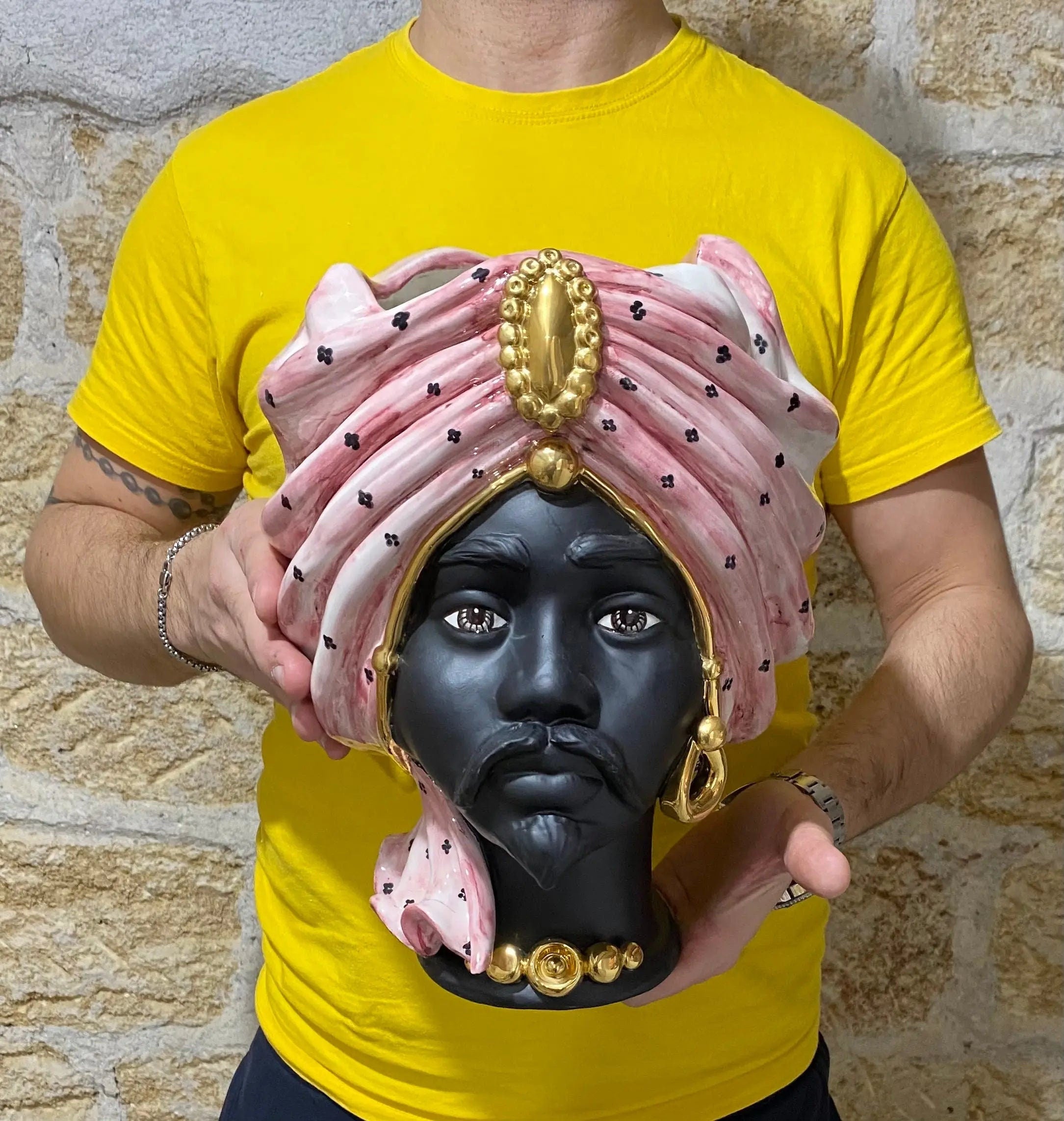 Teste di Moro Atena Ceramica Caltagirone cm H.30 L.23 Artigianale Rosa Pois Nero Oro DD CERAMICHE SICILIANE