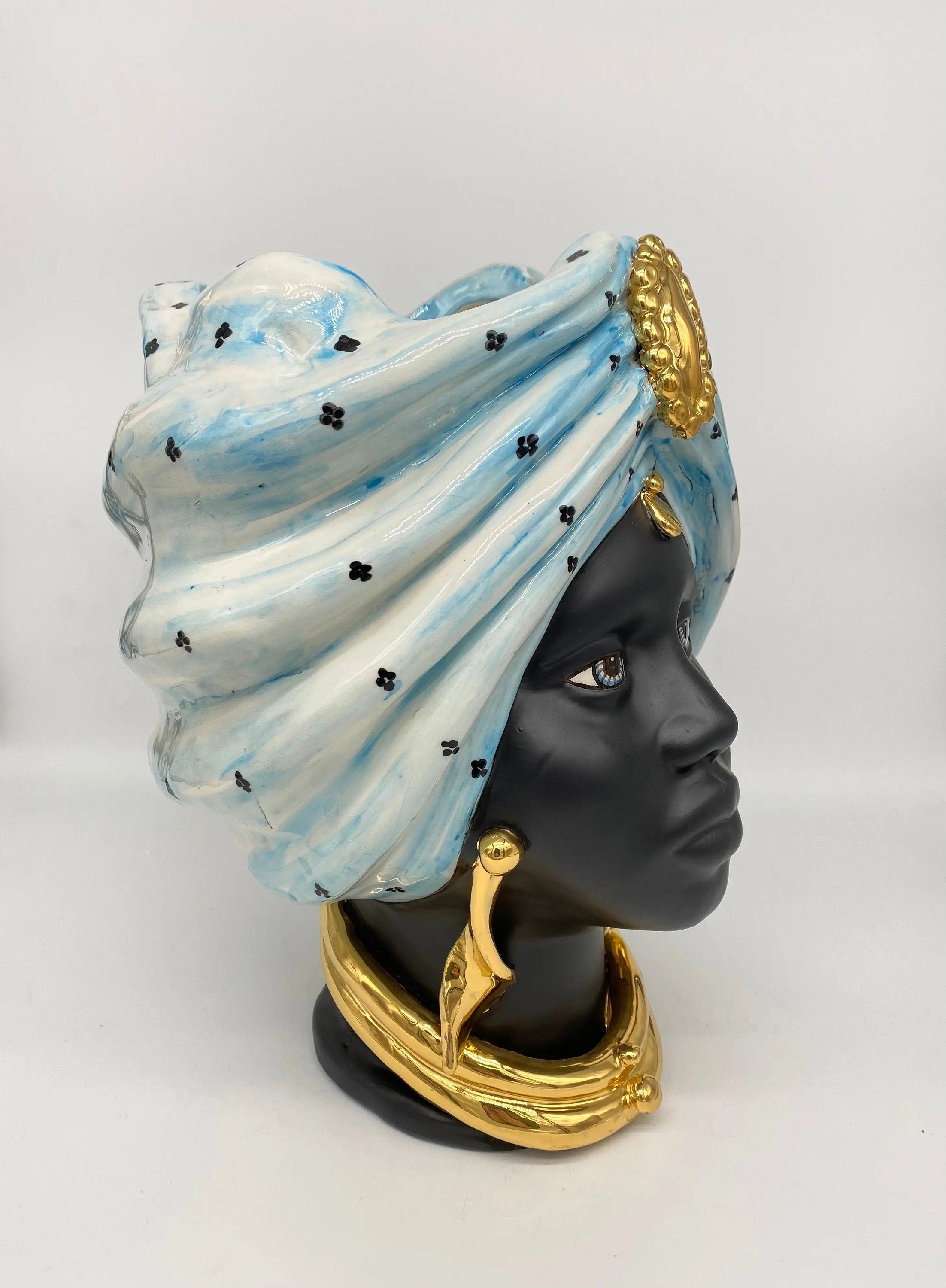 Teste di Moro Atena Ceramica Caltagirone cm H.30 L.23 Artigianale Celeste Pois Nero Oro DD CERAMICHE SICILIANE