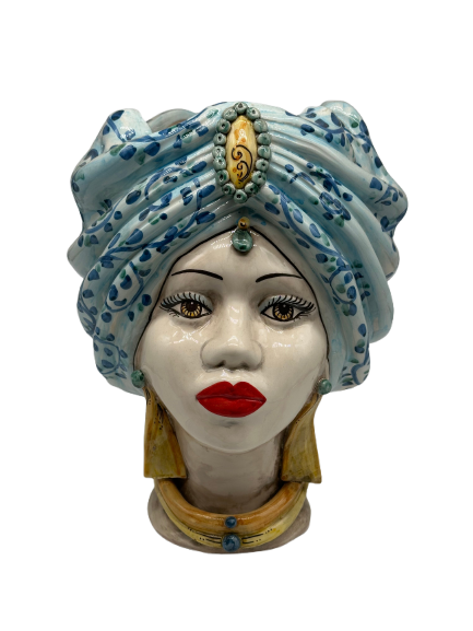 Teste di Moro Atena Ceramica Caltagirone cm H.30 L.23 Artigianale Celeste Barocco - Donna - TESTA DI MORO