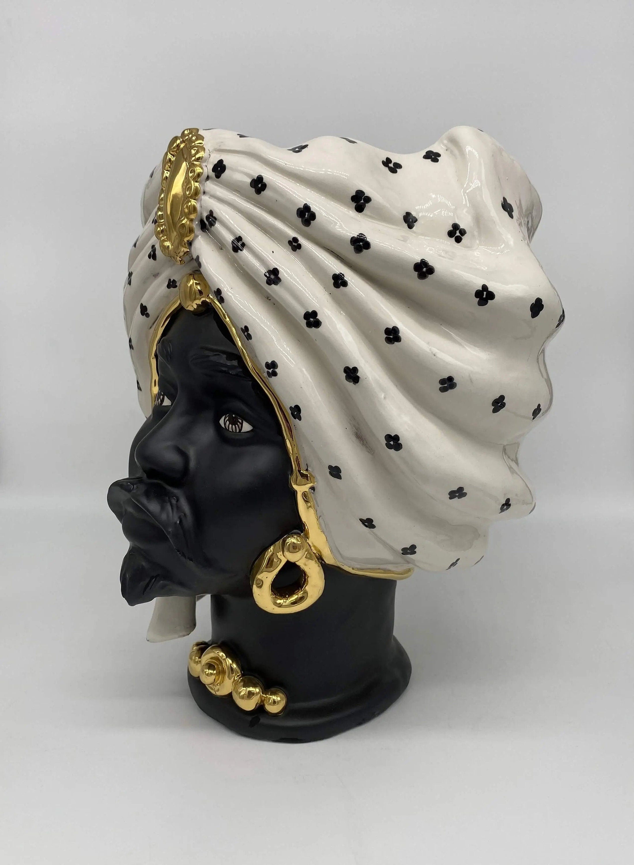 Teste di Moro Atena Ceramica Caltagirone cm H.30 L.23 Artigianale Bianco Pois Nero Oro DD CERAMICHE SICILIANE