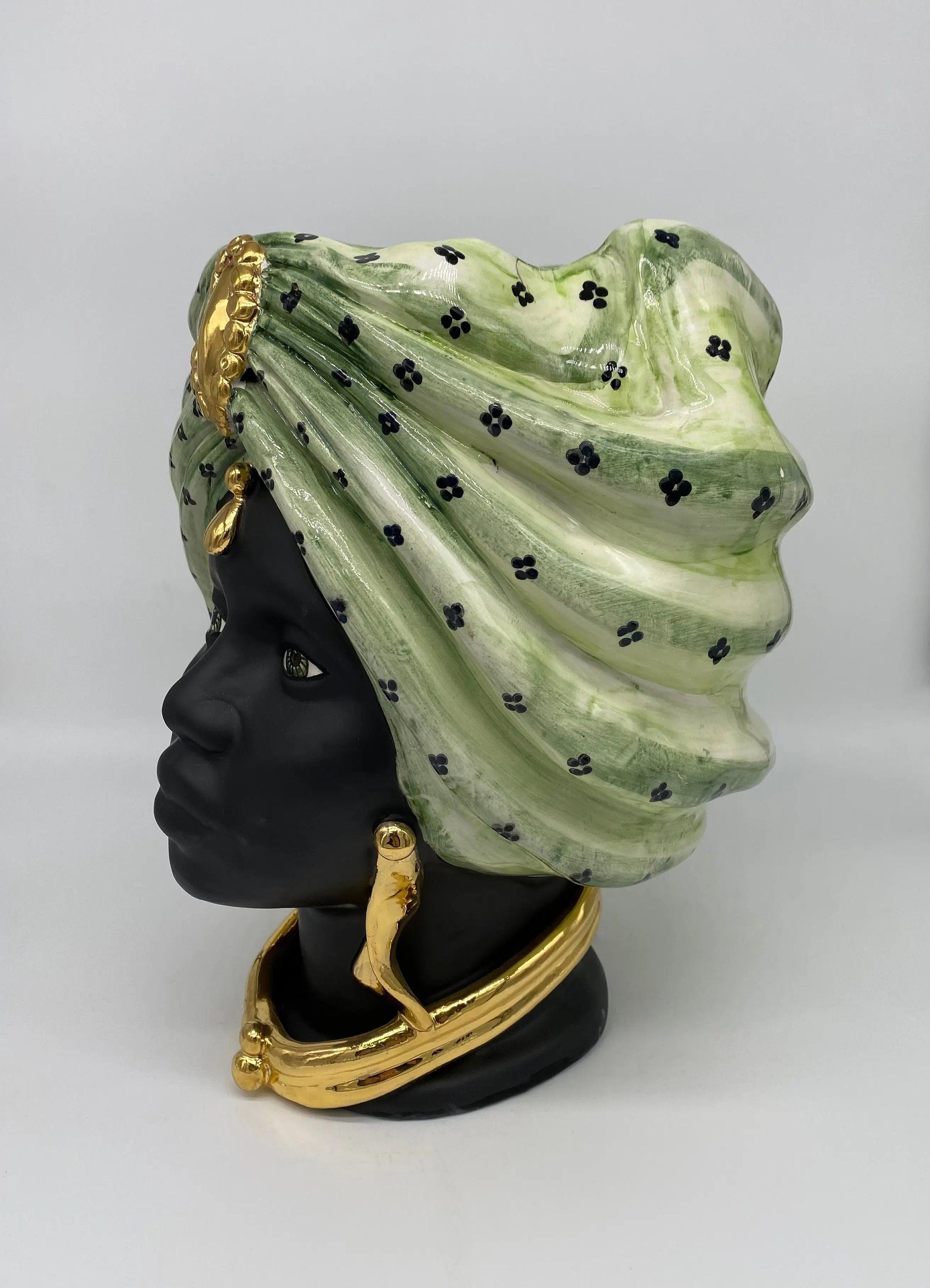 Teste di Moro Atena Ceramica Caltagirone cm H.30 L.23 Artigianale Verde Pois Nero Oro DD CERAMICHE SICILIANE