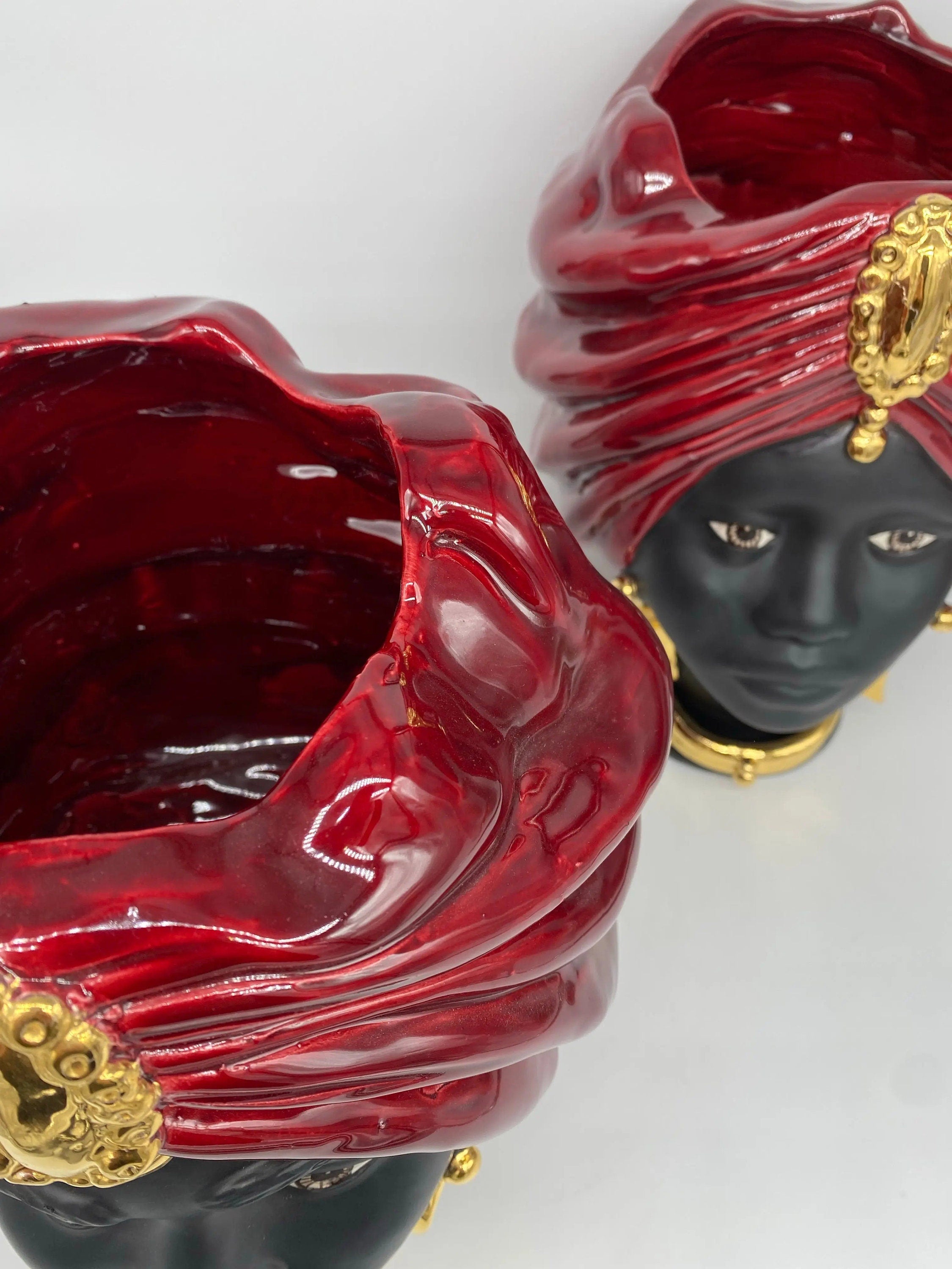 Teste di Moro Atena Ceramica Caltagirone cm H.30 L.23 Artigianale Bordeaux Nero Oro DD CERAMICHE SICILIANE