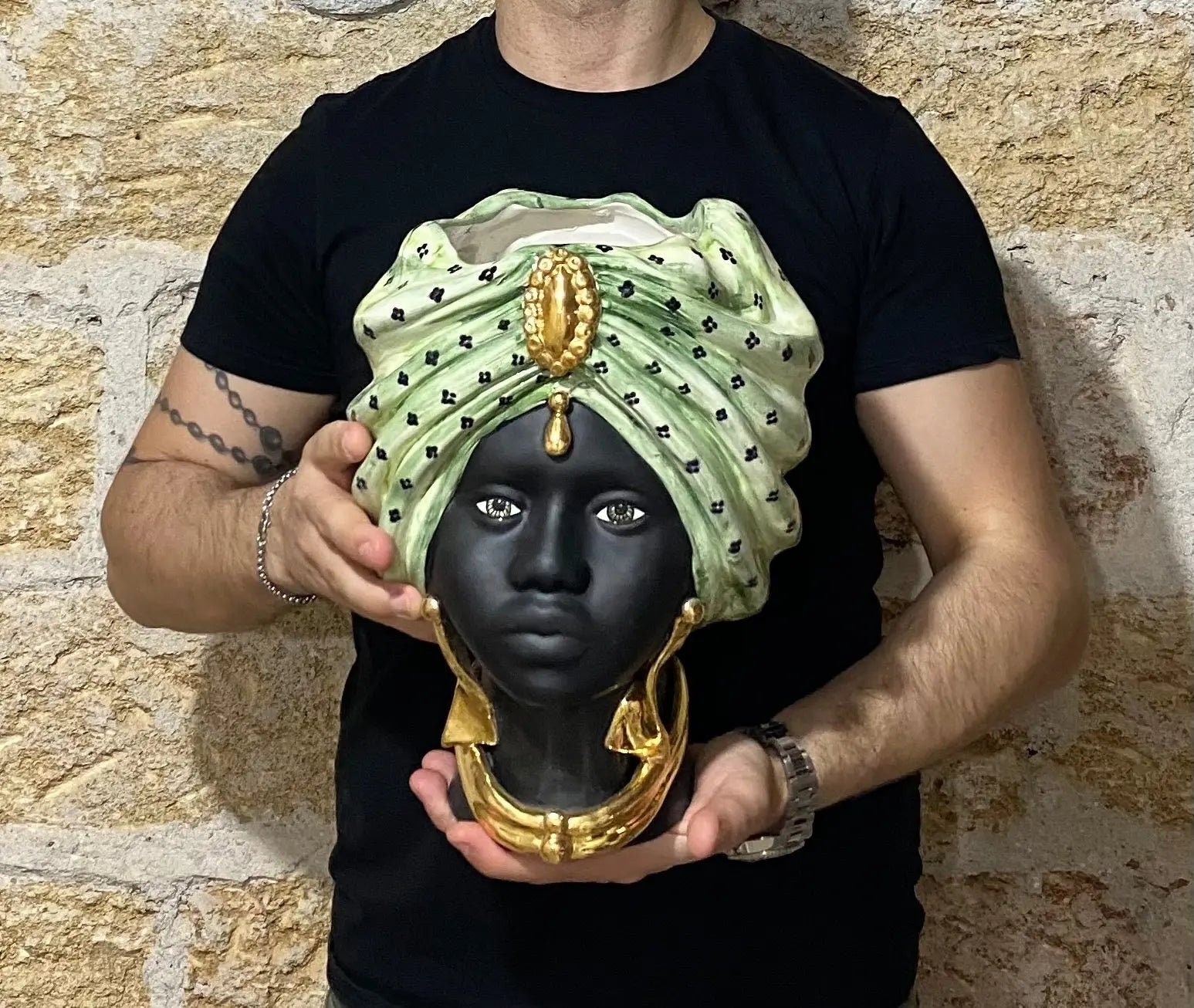 Teste di Moro Atena Ceramica Caltagirone cm H.30 L.23 Artigianale Verde Pois Nero Oro DD CERAMICHE SICILIANE
