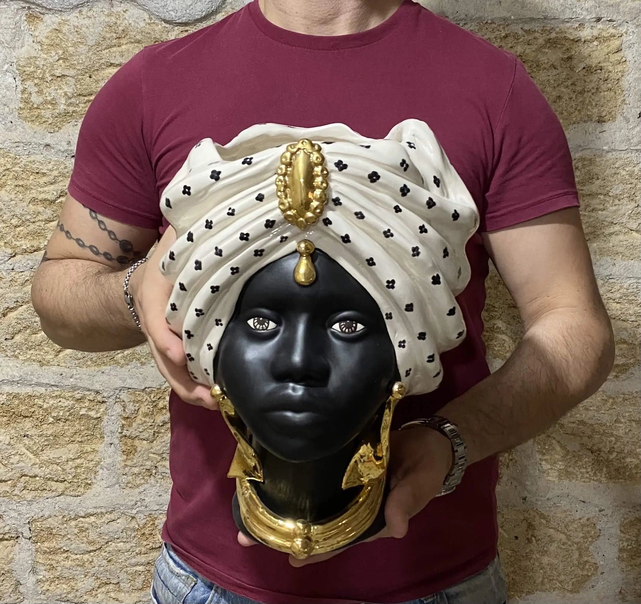 Teste di Moro Atena Ceramica Caltagirone cm H.30 L.23 Artigianale Bianco Pois Nero Oro DD CERAMICHE SICILIANE