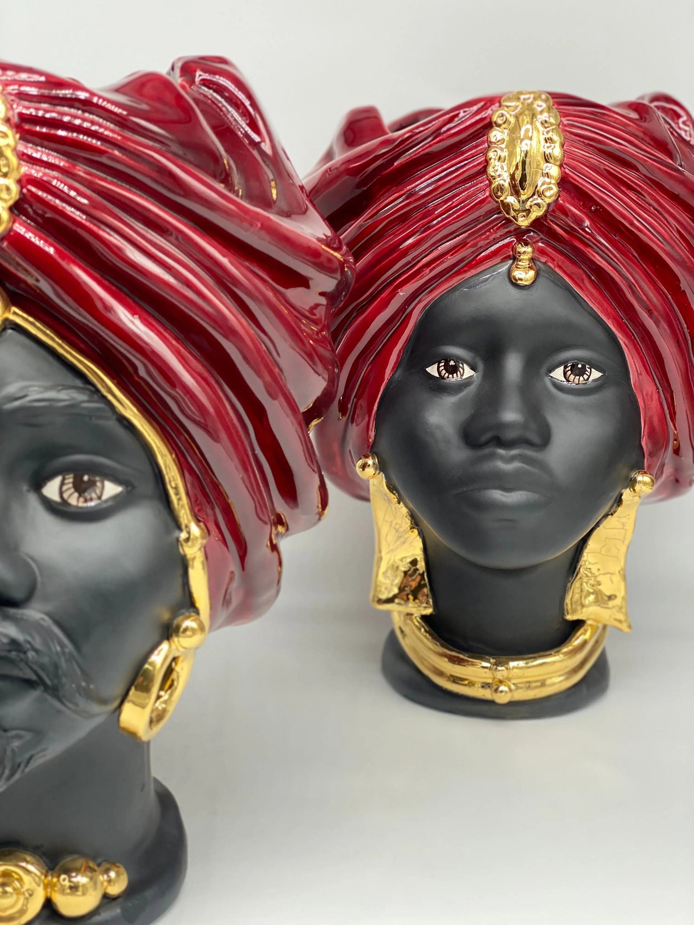 Teste di Moro Atena Ceramica Caltagirone cm H.30 L.23 Artigianale Bordeaux Nero Oro DD CERAMICHE SICILIANE