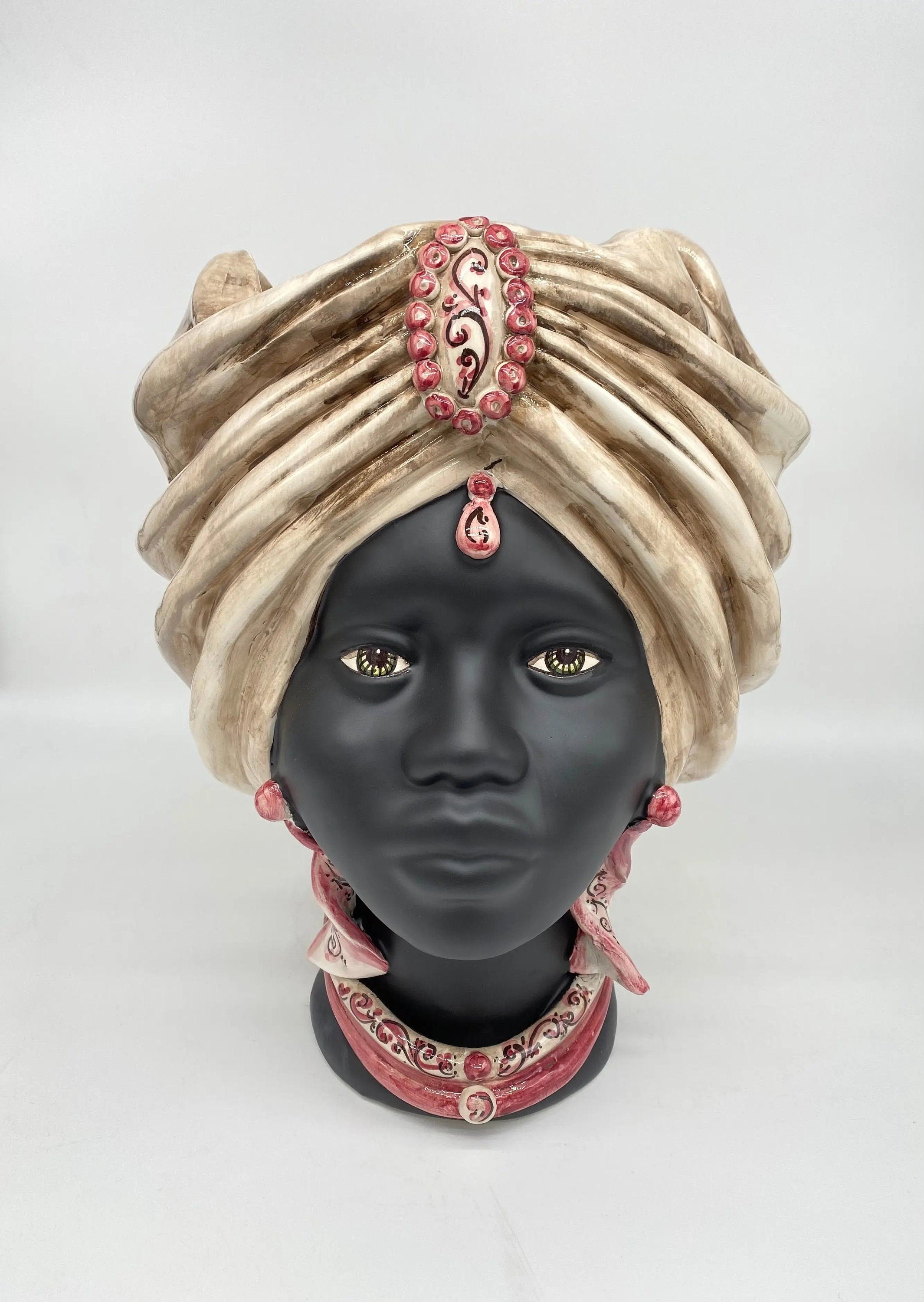 Teste di Moro Atena Ceramica Caltagirone cm H.30 L.23 Artigianale Écru Nero Viola DD CERAMICHE SICILIANE