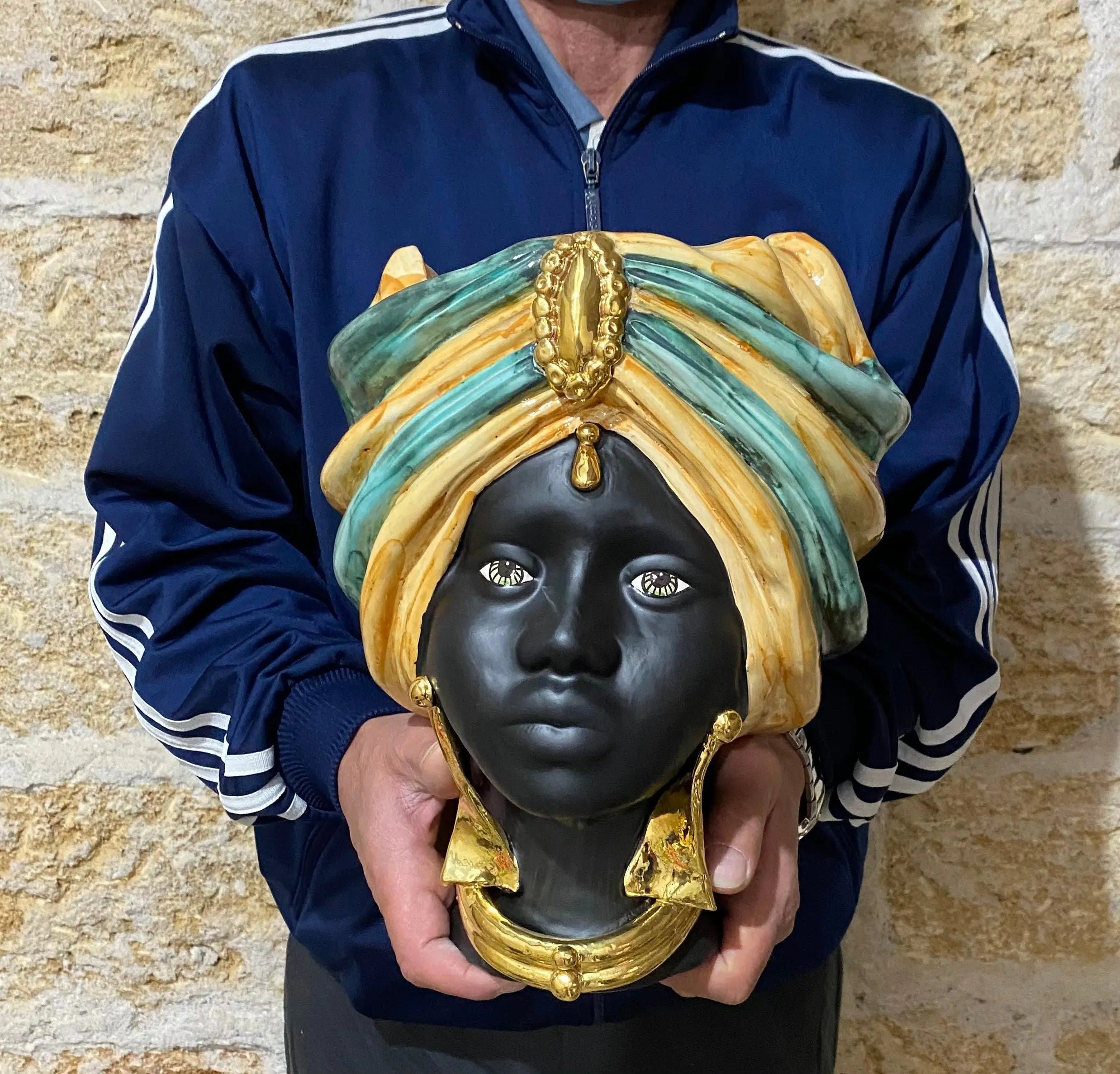 Teste di Moro Atena Ceramica Caltagirone cm H.30 L.23 Artigianale Ocra Verde Nero Oro DD CERAMICHE SICILIANE