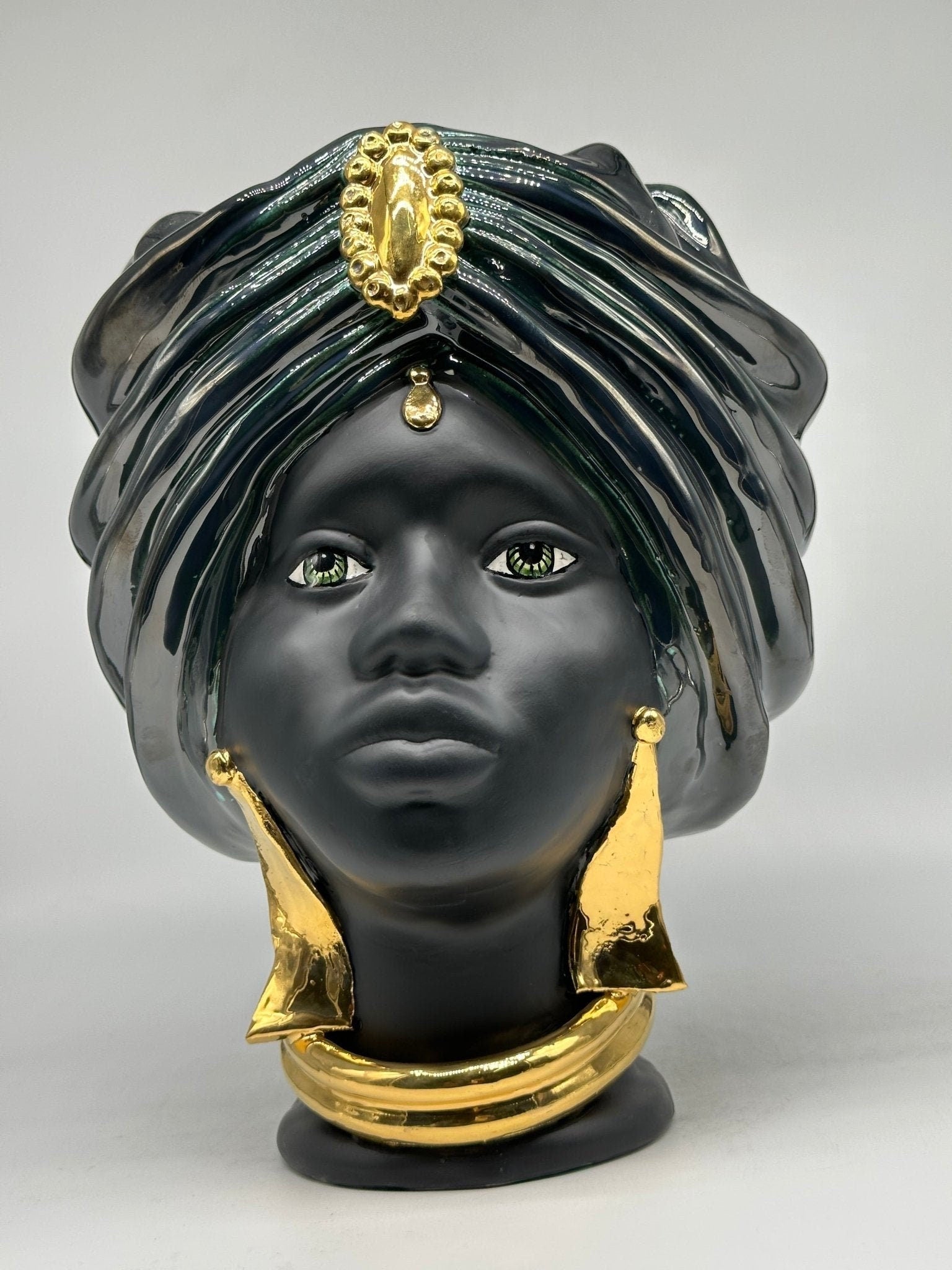 Teste di Moro Atena Ceramica Caltagirone cm H.30 L.23 Artigianale Verde Rame Nero Oro - DD CERAMICHE SICILIANE