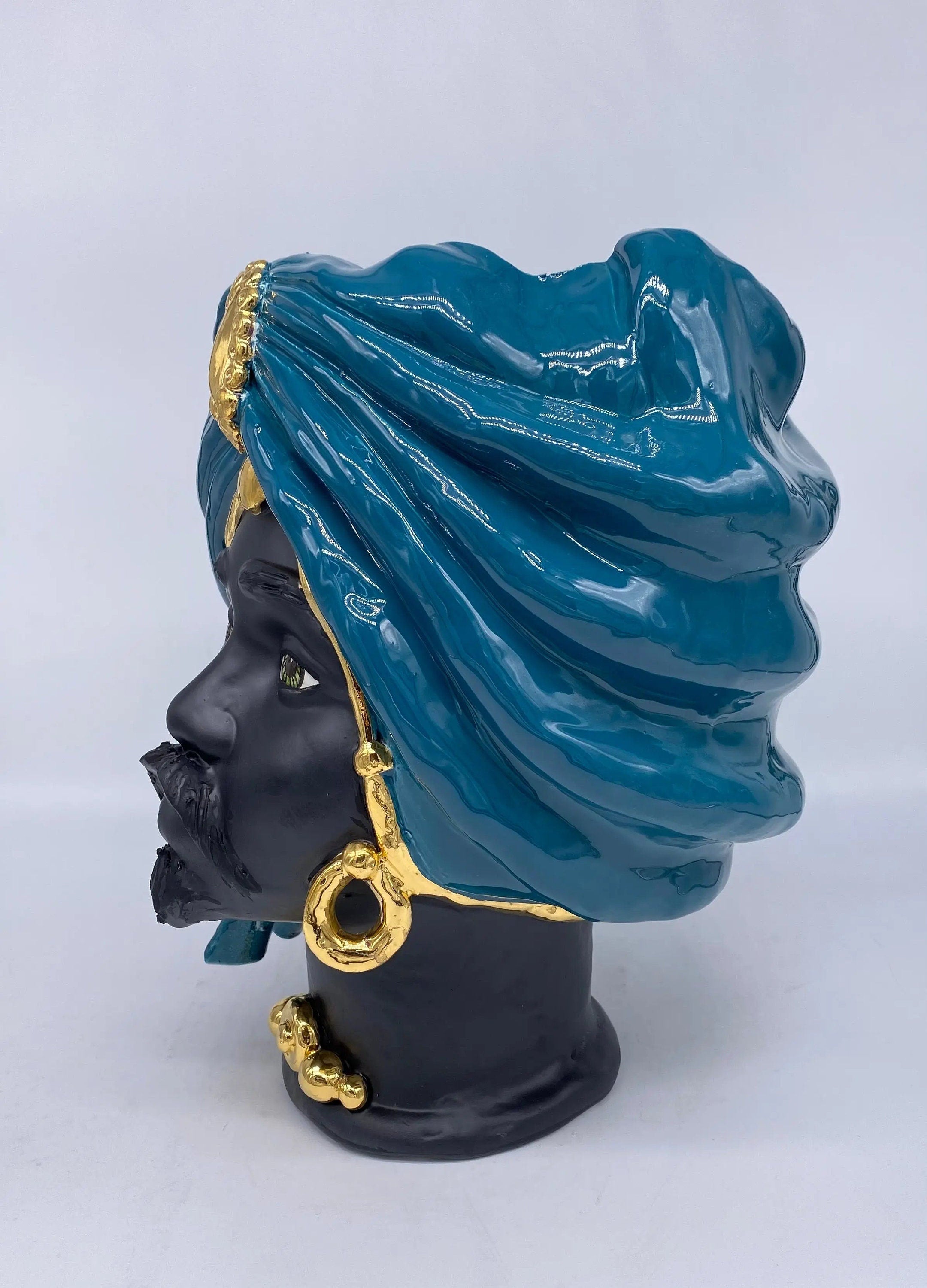 Teste di Moro Atena Ceramica Caltagirone cm H.30 L.23 Artigianale Verde Ottanio Nero Oro DD CERAMICHE SICILIANE