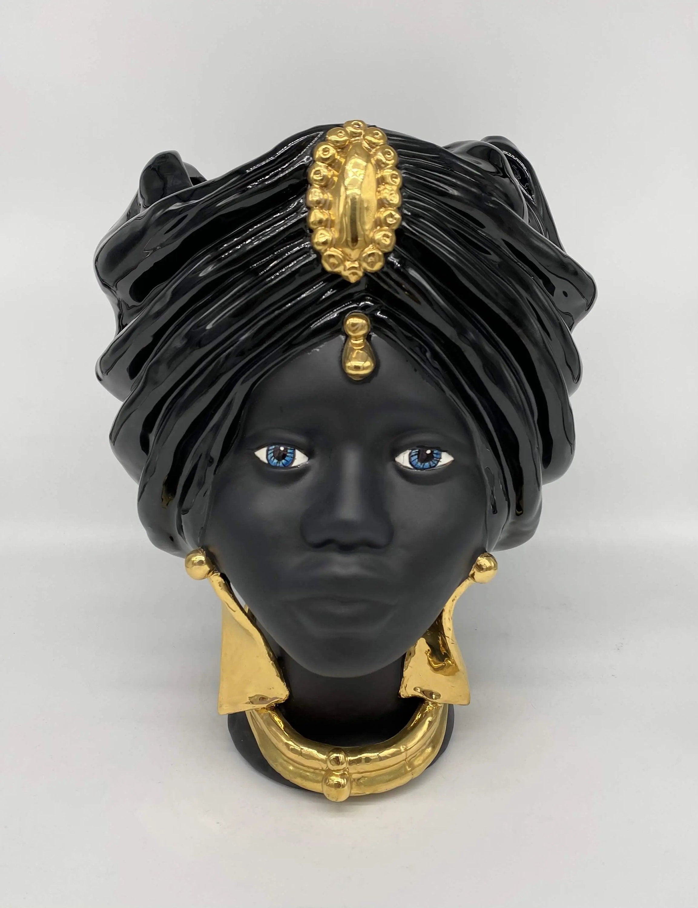 Teste di Moro Atena Ceramica Caltagirone cm H.30 L.23 Artigianale Nero Oro DD CERAMICHE SICILIANE