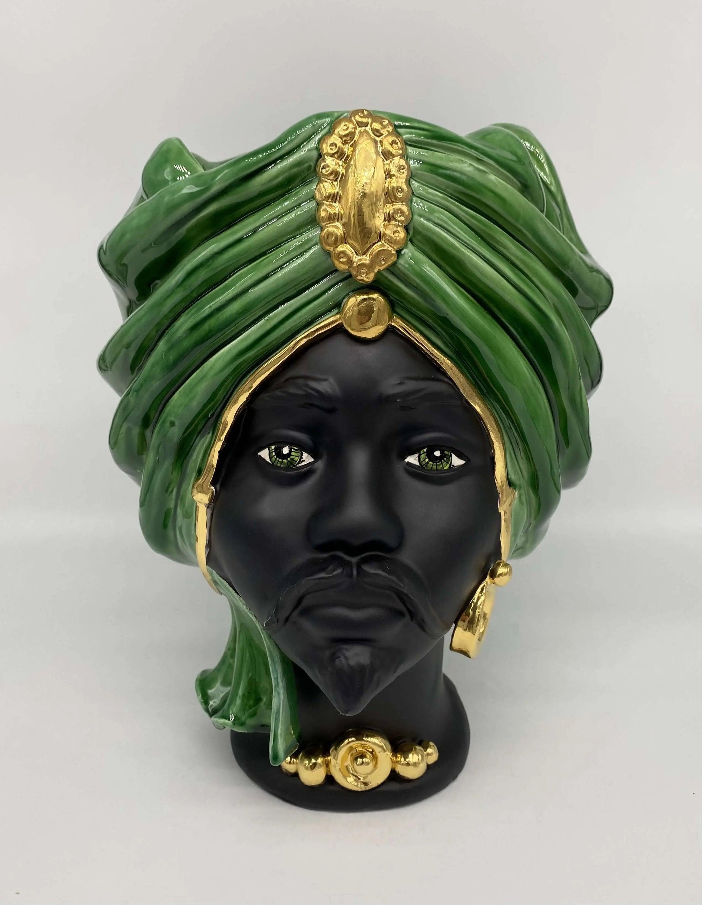 Teste di Moro Atena Ceramica Caltagirone cm H.30 L.23 Artigianale Verde Cristallo Nero Oro DD CERAMICHE SICILIANE