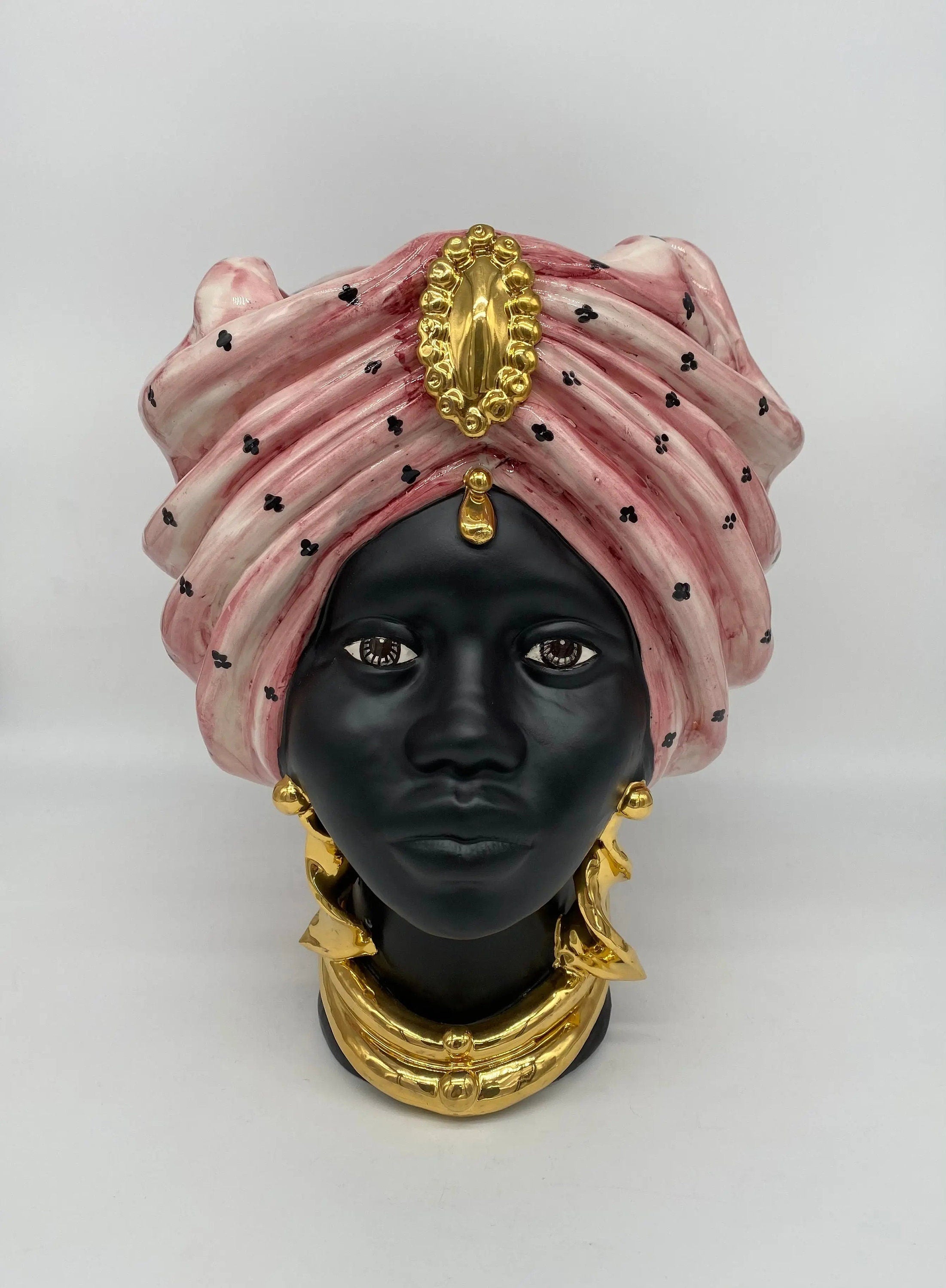 Teste di Moro Atena Ceramica Caltagirone cm H.30 L.23 Artigianale Rosa Pois Nero Oro DD CERAMICHE SICILIANE