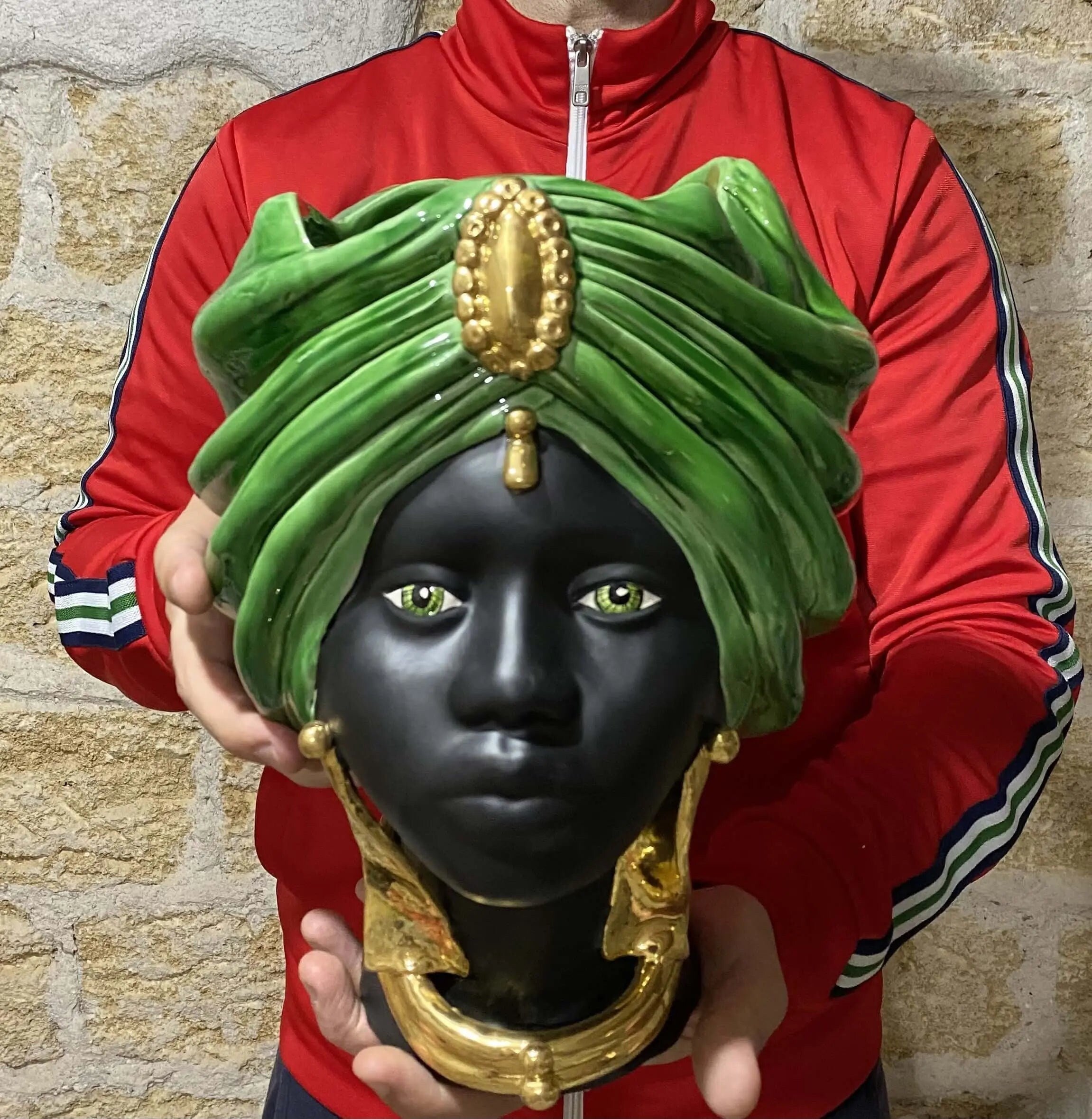 Teste di Moro Atena Ceramica Caltagirone cm H.30 L.23 Artigianale Verde Cristallo Nero Oro DD CERAMICHE SICILIANE