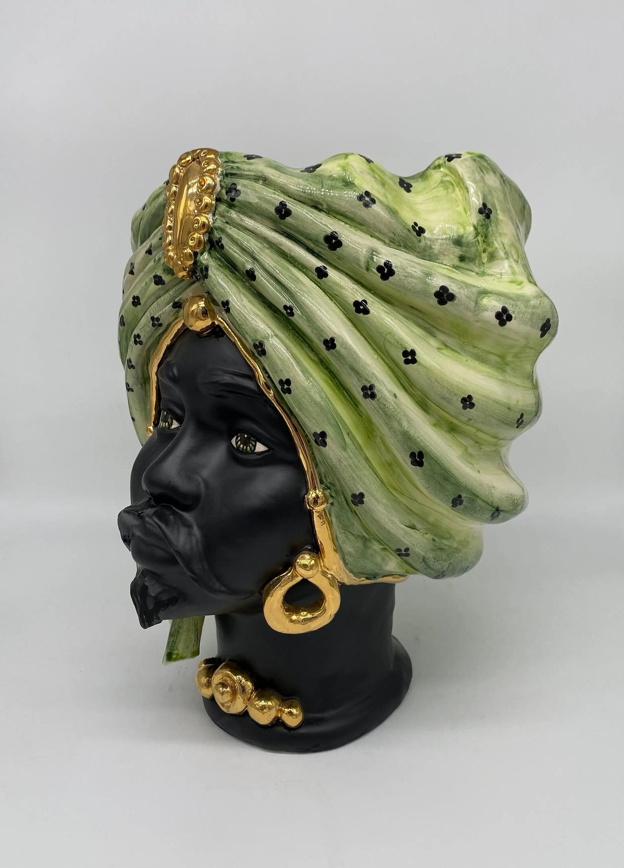 Teste di Moro Atena Ceramica Caltagirone cm H.30 L.23 Artigianale Verde Pois Nero Oro DD CERAMICHE SICILIANE