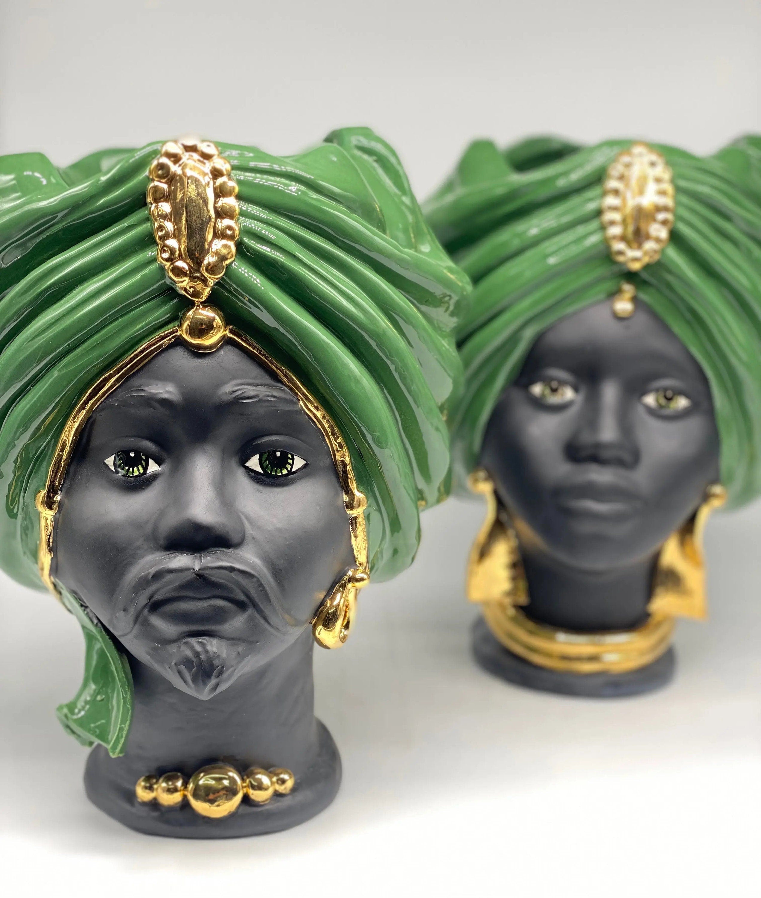Teste di Moro Atena Ceramica Caltagirone cm H.30 L.23 Artigianale Verde Nero Oro DD CERAMICHE SICILIANE