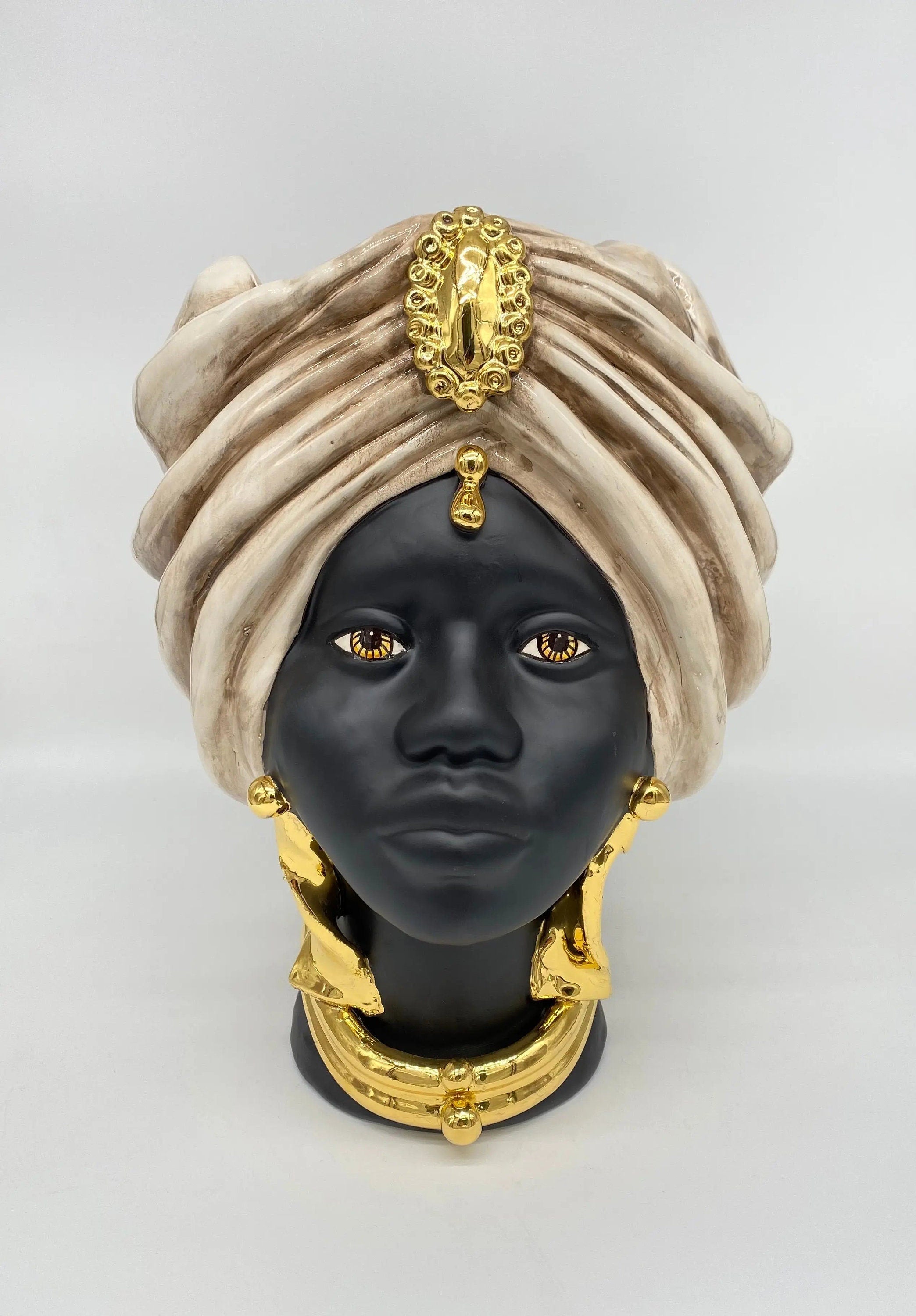 Teste di Moro Atena Ceramica Caltagirone cm H.30 L.23 Artigianale Écru Nero Oro DD CERAMICHE SICILIANE