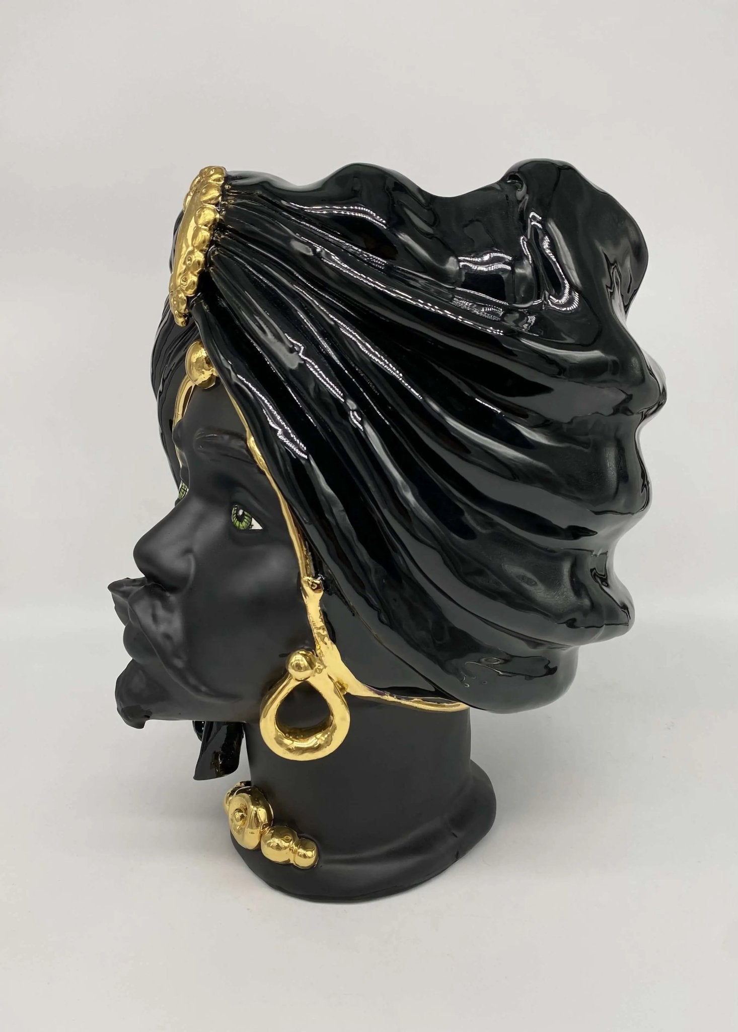 Teste di Moro Atena Ceramica Caltagirone cm H.30 L.23 Artigianale Nero Oro - DD CERAMICHE SICILIANE