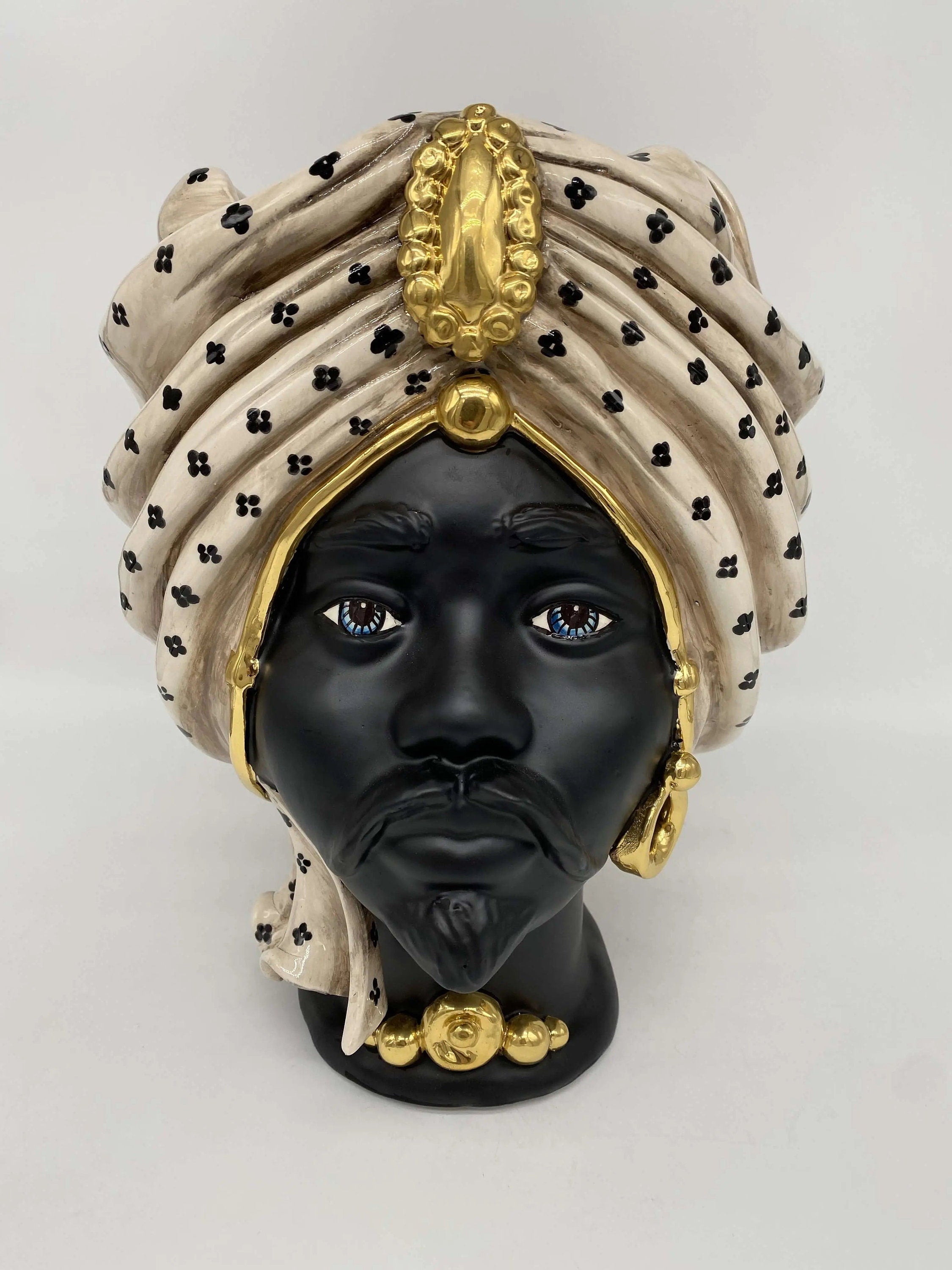 Teste di Moro Atena Ceramica Caltagirone cm H.30 L.23 Artigianale Écru Pois Nero Oro DD CERAMICHE SICILIANE