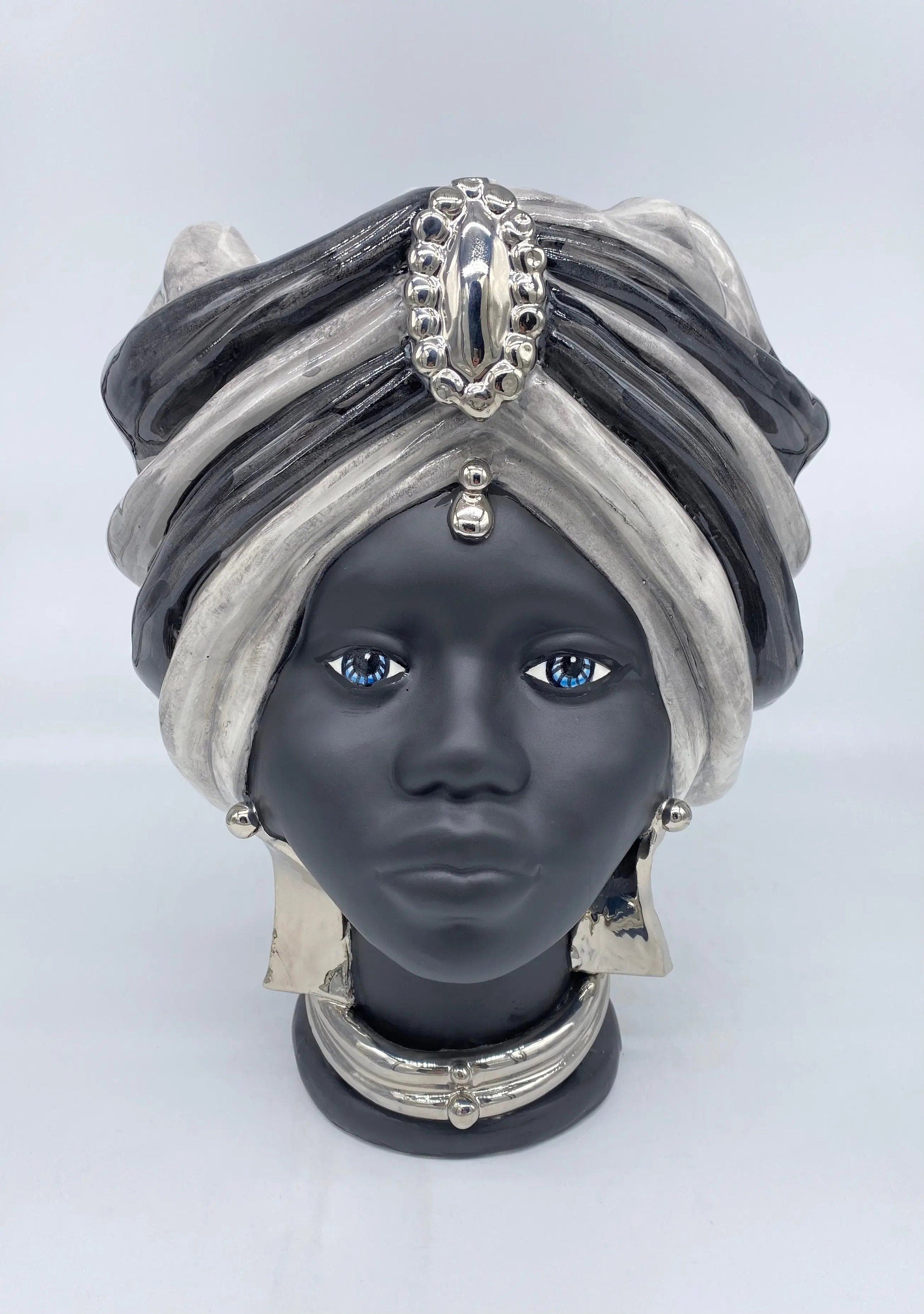 Teste di Moro Atena Ceramica Caltagirone cm H.30 L.23 Artigianale Grigio Nero Platino DD CERAMICHE SICILIANE