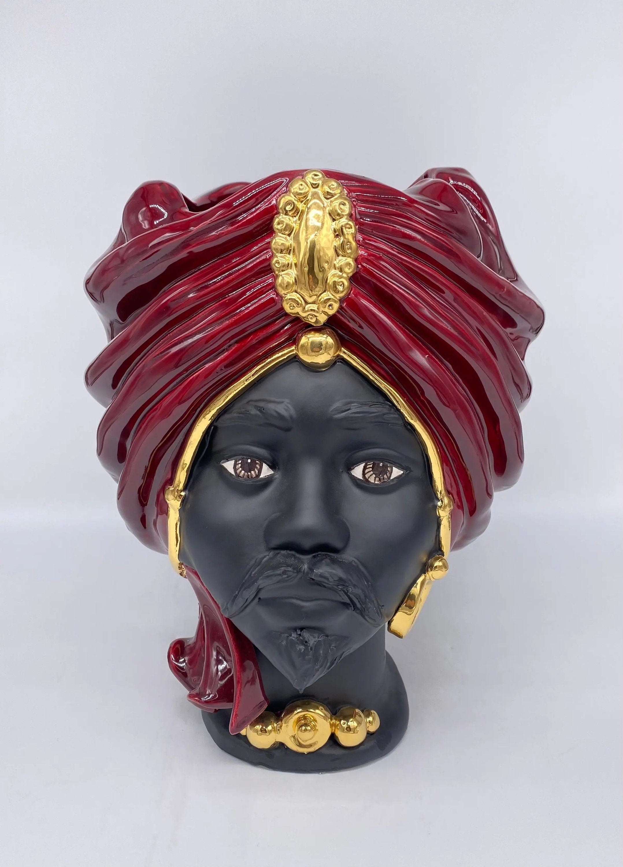 Teste di Moro Atena Ceramica Caltagirone cm H.30 L.23 Artigianale Bordeaux Nero Oro DD CERAMICHE SICILIANE