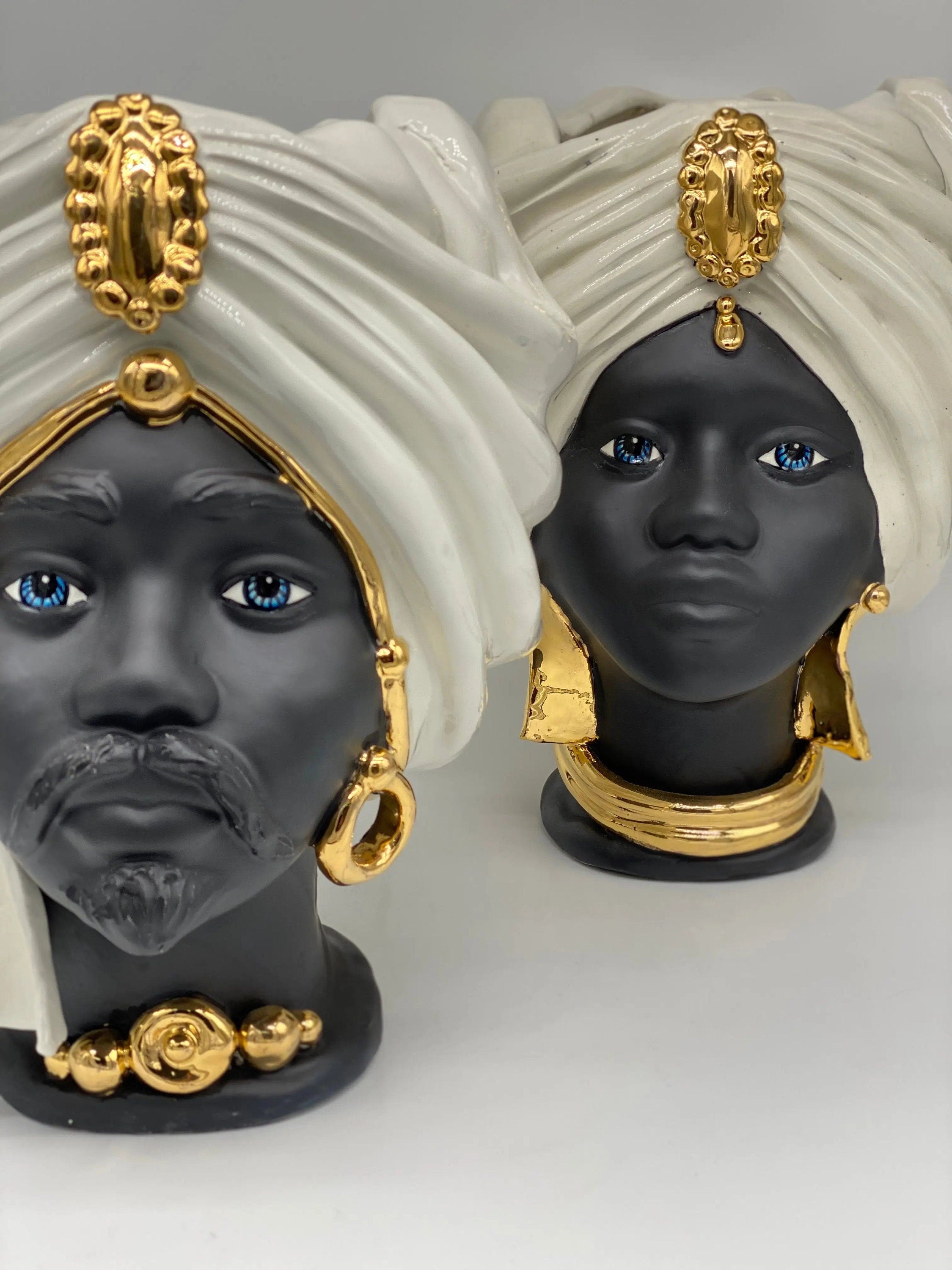 Teste di Moro Atena Ceramica Caltagirone cm H.30 L.23 Artigianale Bianco Nero Oro DD CERAMICHE SICILIANE