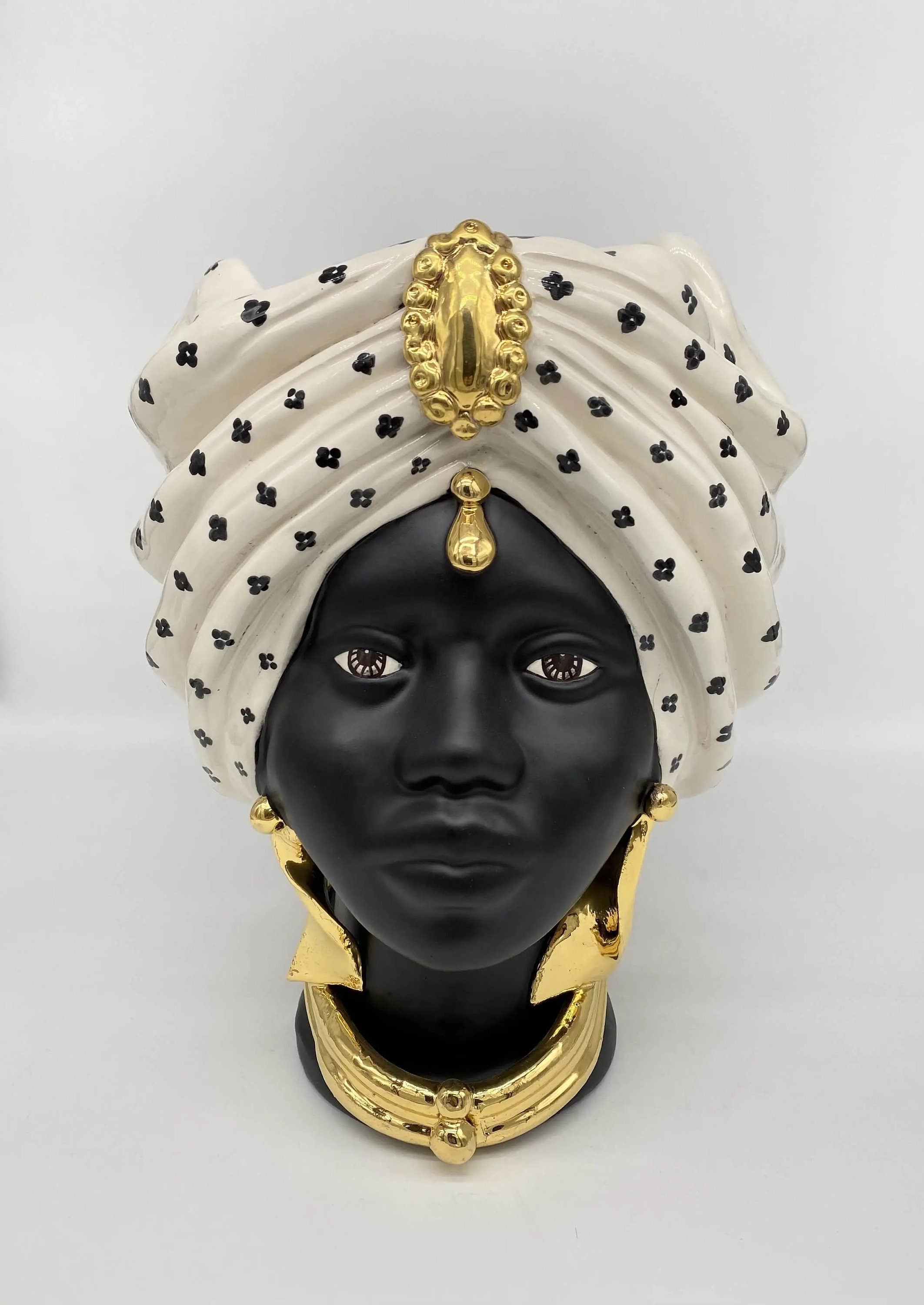 Teste di Moro Atena Ceramica Caltagirone cm H.30 L.23 Artigianale Bianco Pois Nero Oro DD CERAMICHE SICILIANE