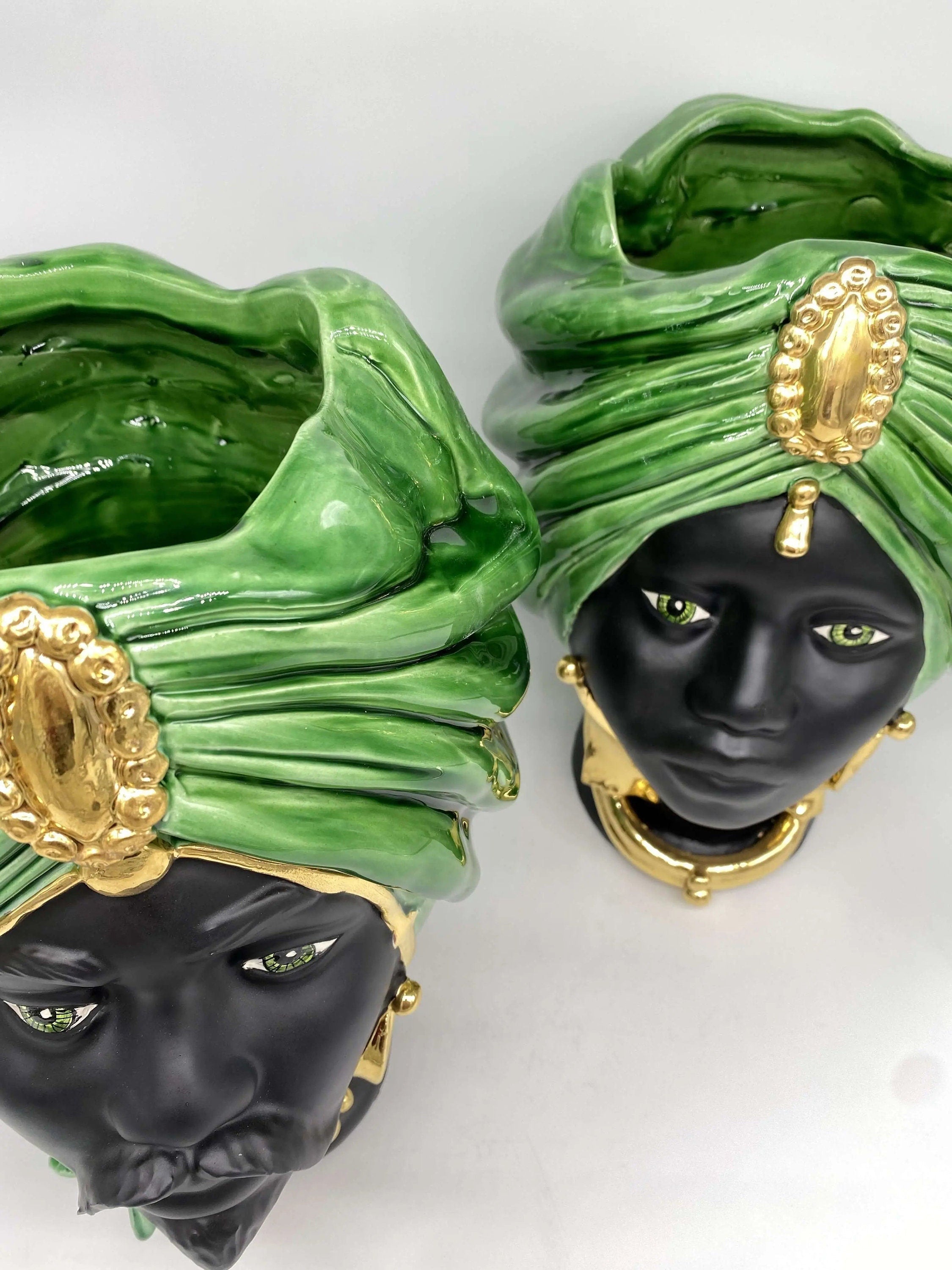 Teste di Moro Atena Ceramica Caltagirone cm H.30 L.23 Artigianale Verde Cristallo Nero Oro DD CERAMICHE SICILIANE