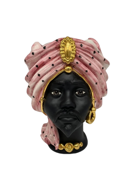 Teste di Moro Atena Ceramica Caltagirone cm H.30 L.23 Artigianale Rosa Pois Nero Oro - DD CERAMICHE SICILIANE