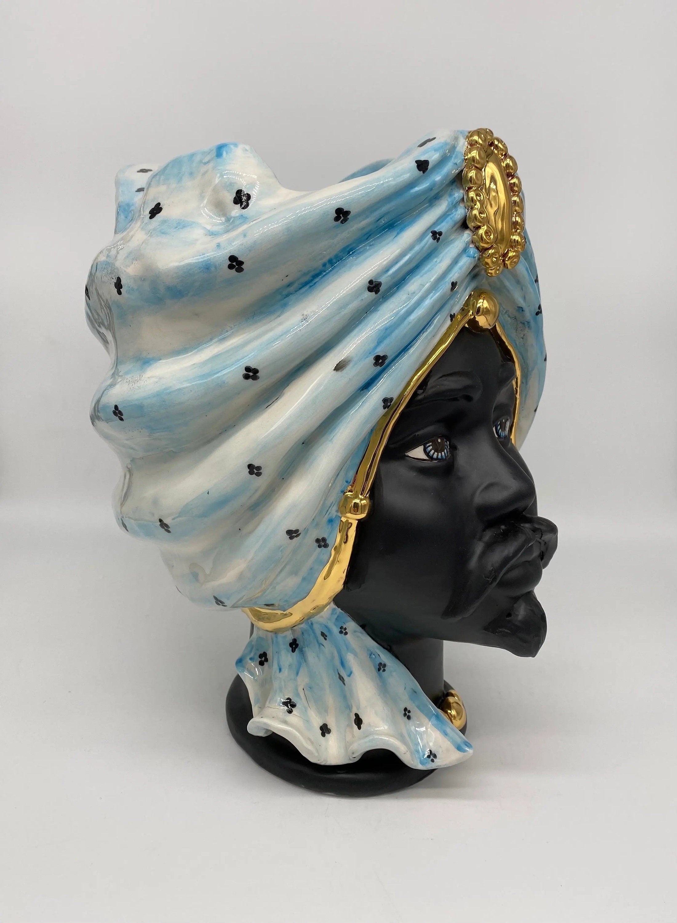 Teste di Moro Atena Ceramica Caltagirone cm H.30 L.23 Artigianale Celeste Pois Nero Oro DD CERAMICHE SICILIANE