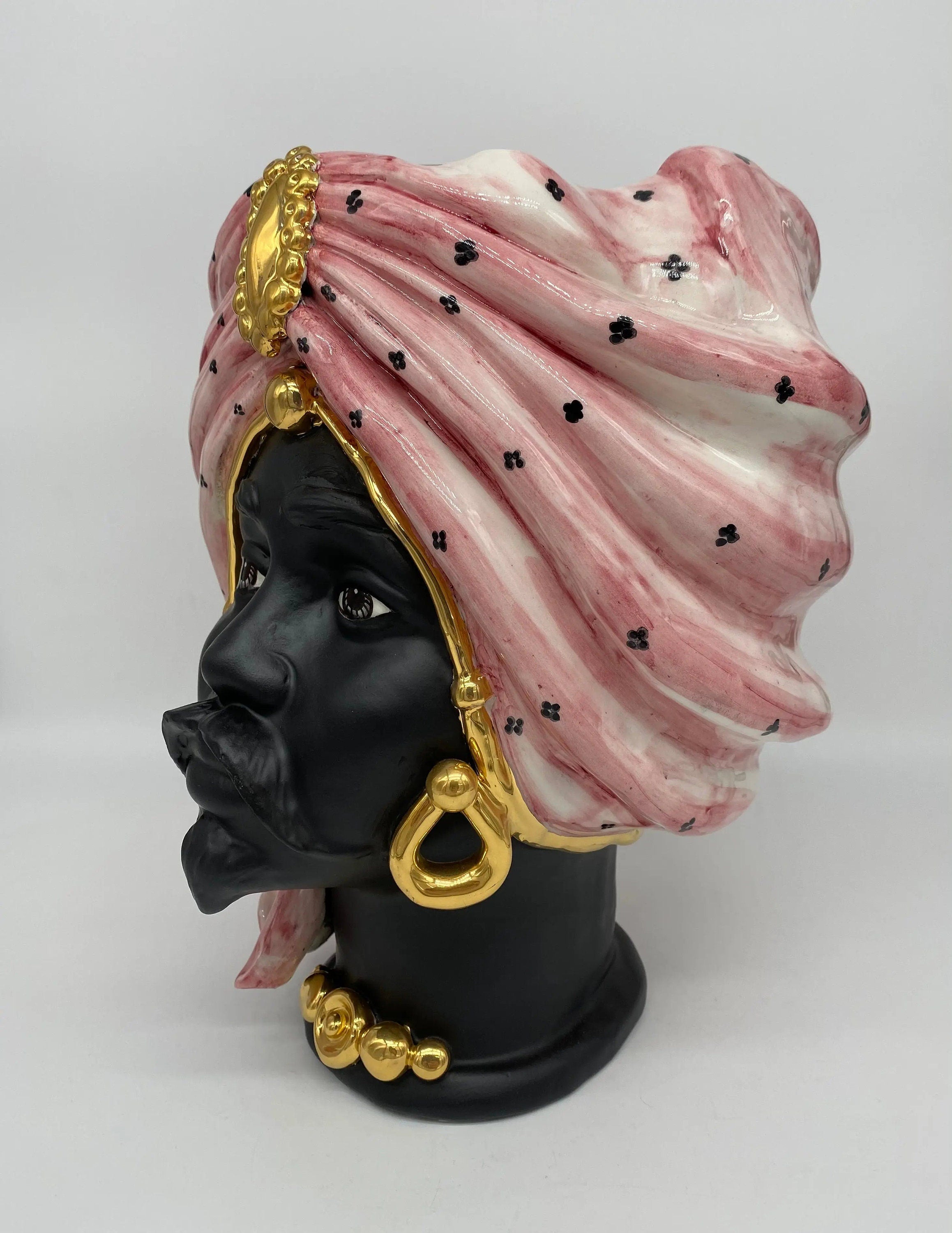Teste di Moro Atena Ceramica Caltagirone cm H.30 L.23 Artigianale Rosa Pois Nero Oro DD CERAMICHE SICILIANE