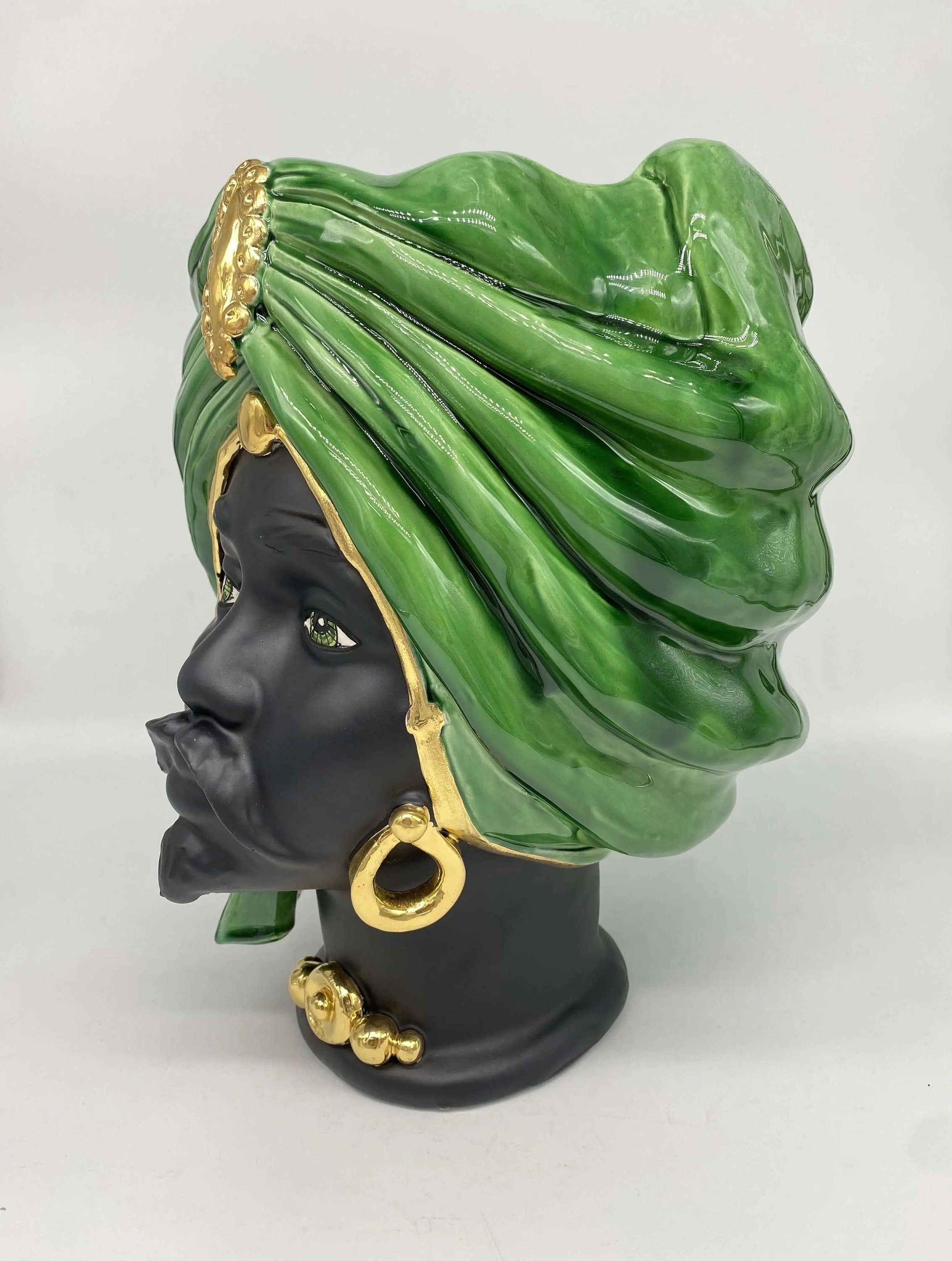 Teste di Moro Atena Ceramica Caltagirone cm H.30 L.23 Artigianale Verde Cristallo Nero Oro DD CERAMICHE SICILIANE