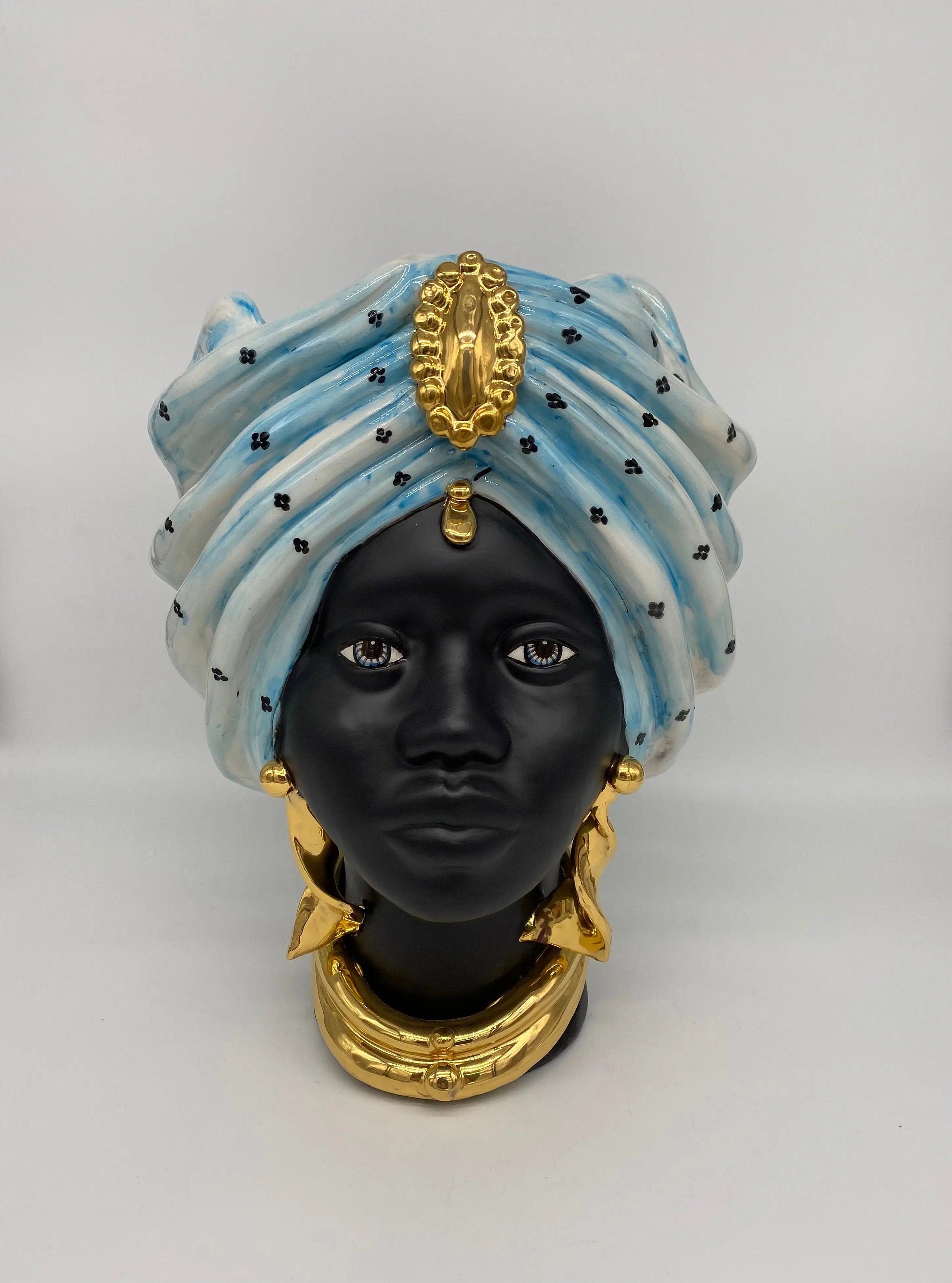 Teste di Moro Atena Ceramica Caltagirone cm H.30 L.23 Artigianale Celeste Pois Nero Oro DD CERAMICHE SICILIANE