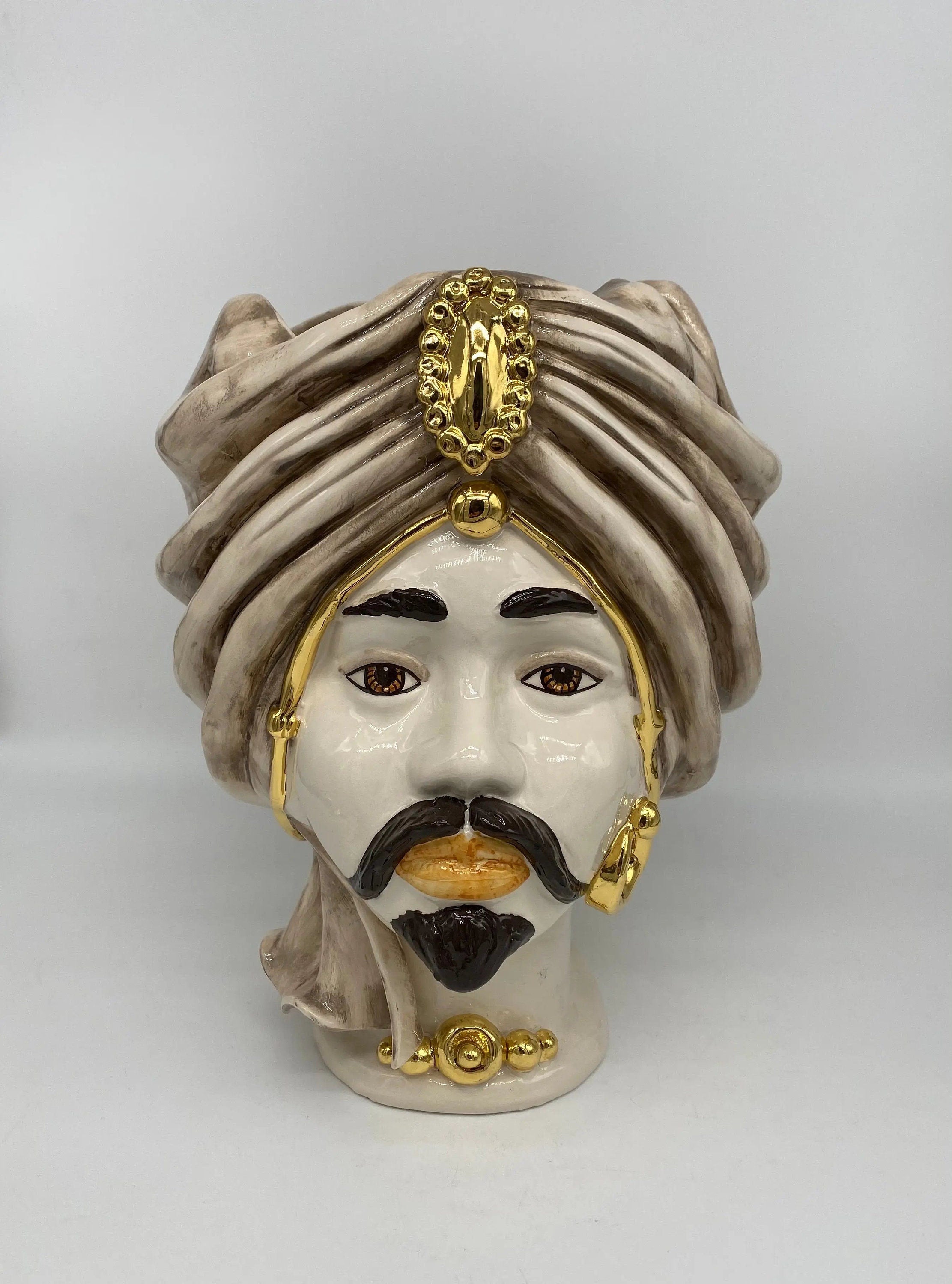 Teste di Moro Atena Ceramica Caltagirone cm H.30 L.23 Artigianale Écru Beige Oro DD CERAMICHE SICILIANE